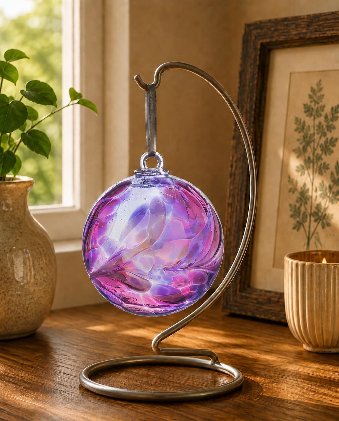 Sienna Glass Friendship Ball โ 10cm Handcrafted Mouth-Blown Glass Ornament in Amethyst Purple โ Hanging Window Decoration โ Keepsake Gift for Her โ Gift Boxed with Ribbon
