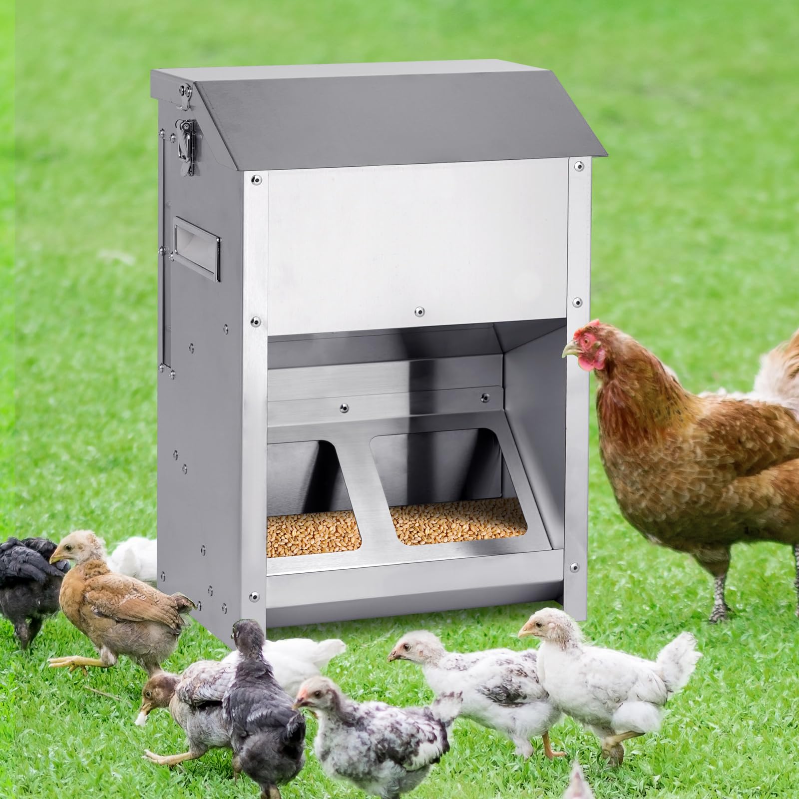 9kg Mangiatoia Automatica Per Polli No Waste Mangiatoia per Pollaio Grande in Acciaio Inossidabile Con Finestra Visiva e Coperchio Antipioggia per Pollo Anatra Tacchino, Uso Esterno