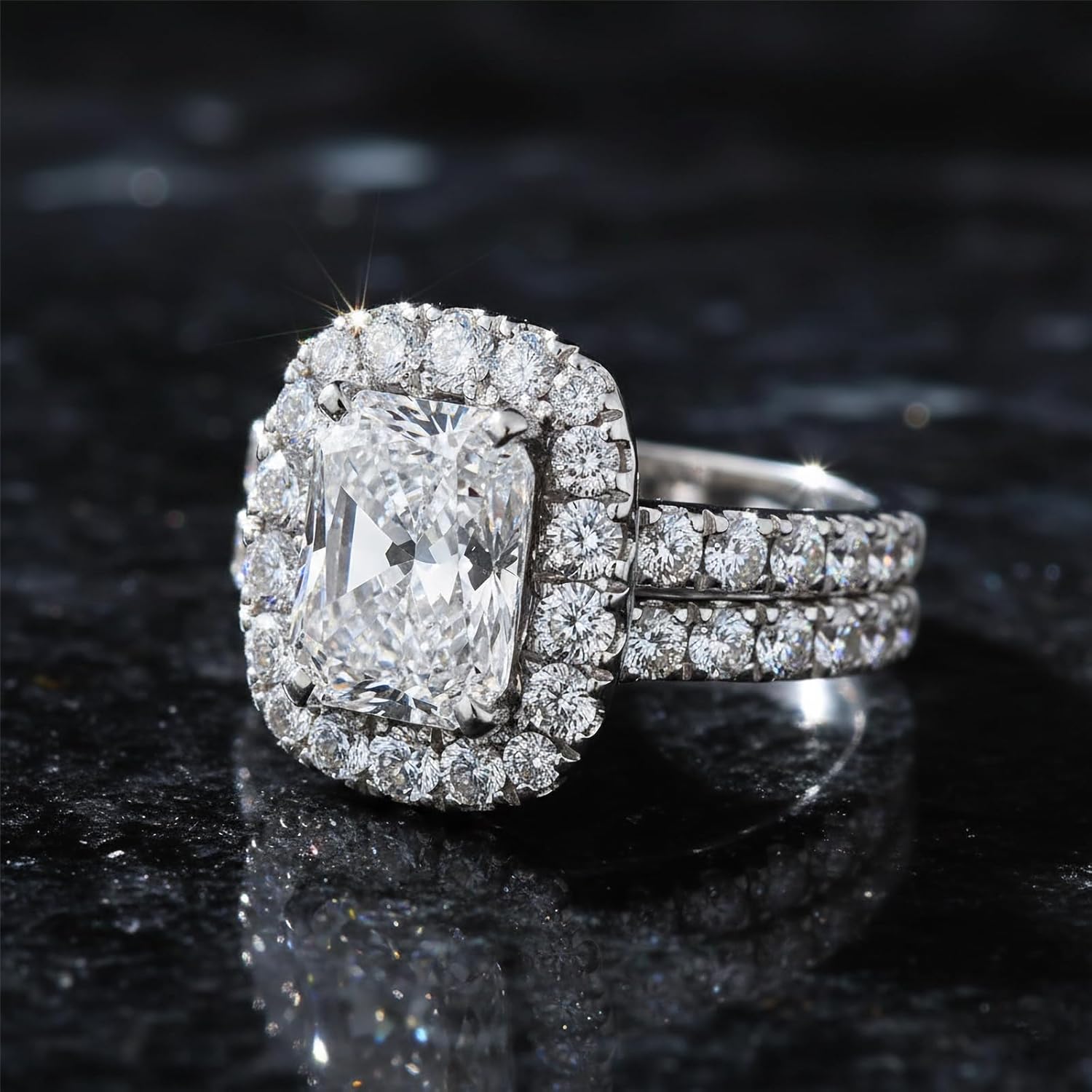 Wedding Ring Set for Women 2 CT Radiant Cut Engagement Rings Halo 925 Sterling Silver Rings with 18k White Gold Plated - Image 3