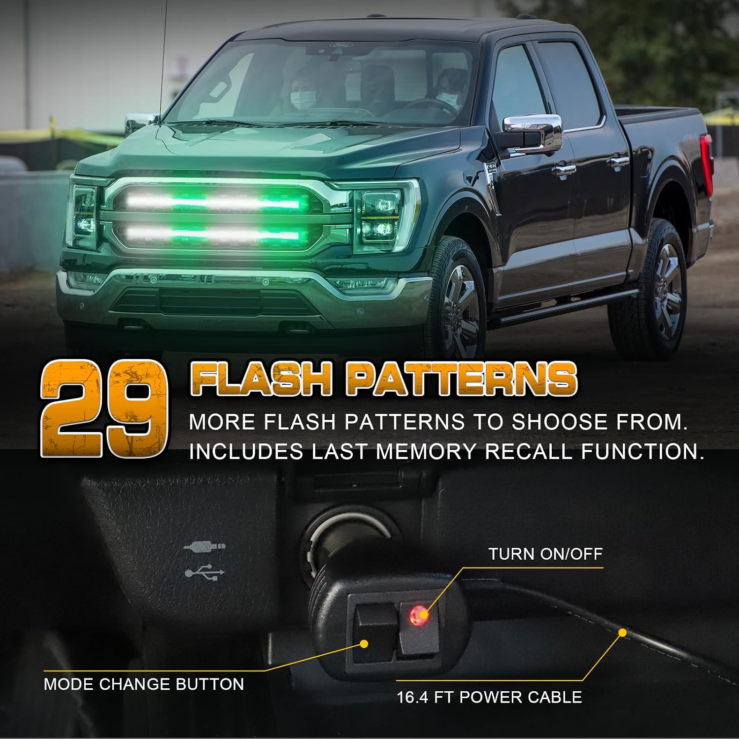 XRIDONSEN 2PCS 24 inch Truck Grill Emergency Lights Strip 288 LED Green White Grille Firefighter Lights Strobe Flashing Warning Safety Waterproof First Responder Lights for Vehicles Fire Trucks Pickup
