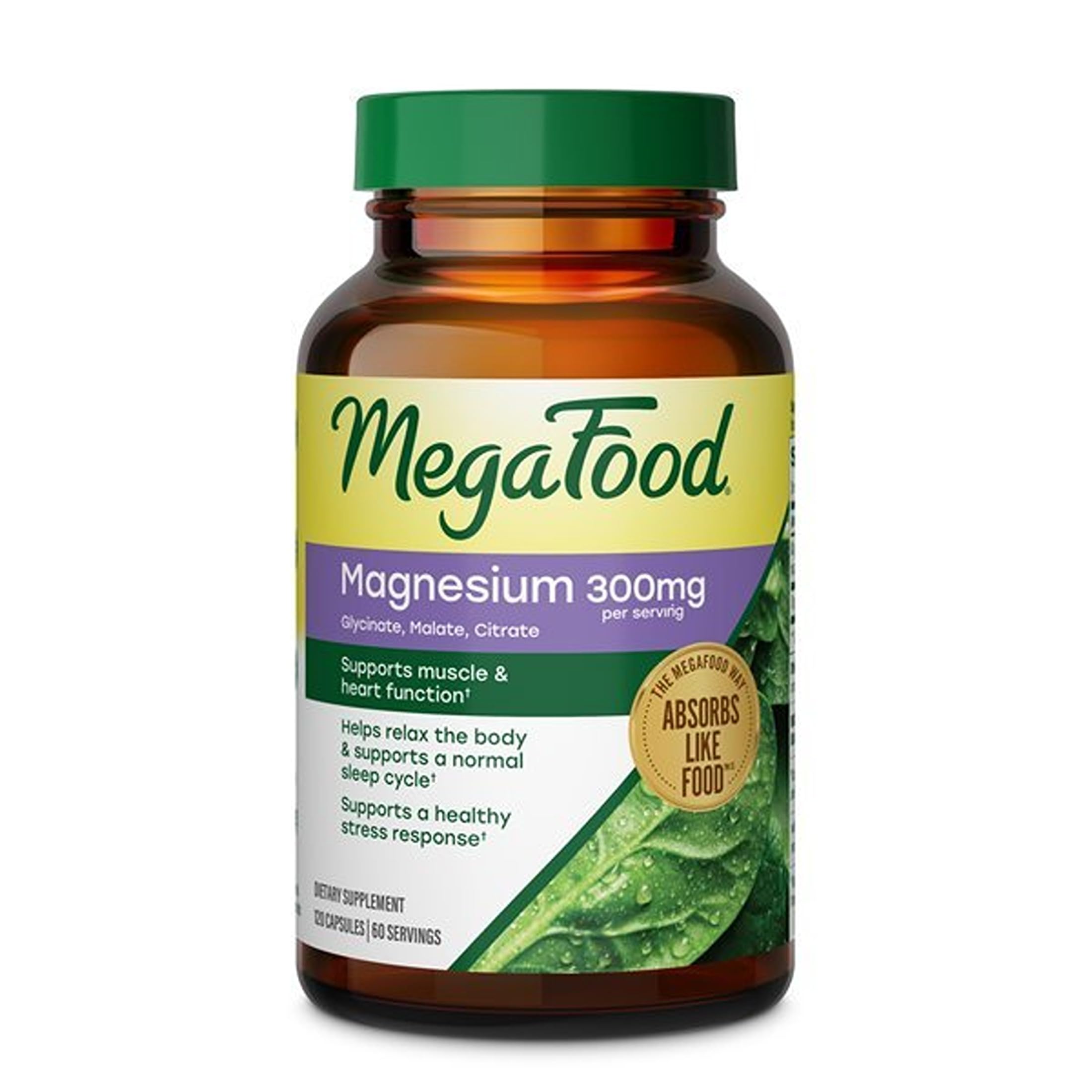 MegaFood Magnesium Glycinate, Malate, Citrate 300mg, 120 Capsules 120 Count (Pack of 1)