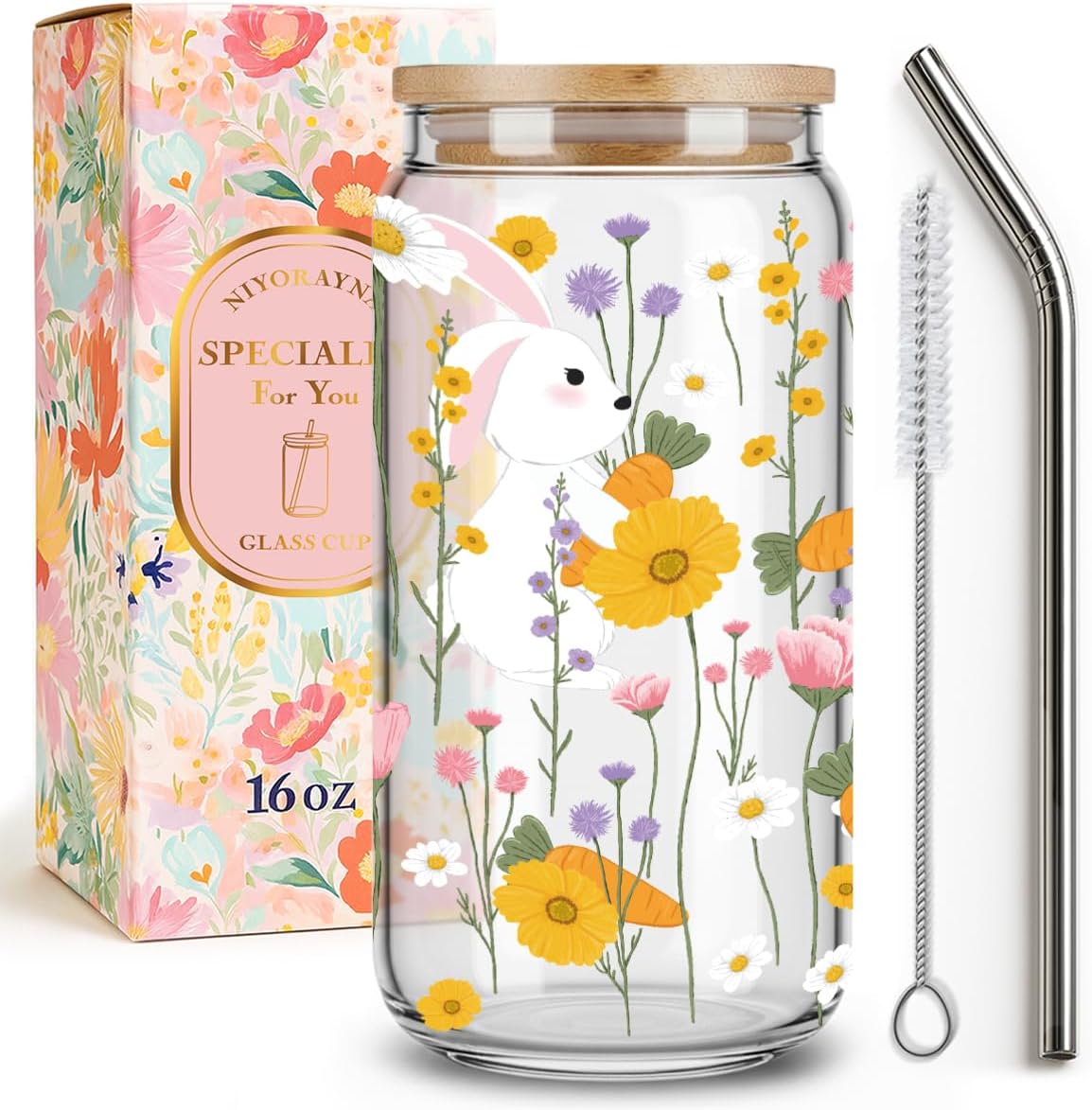 Cute Daisy Drinking Glass Cups with Lid and Straw Gifts for Women Daughter Niece Friends,Yellow Wildflower Ice Coffee Glass Cup Gifts for Birthday Christmas,Coffee Lover Gift for Her-154