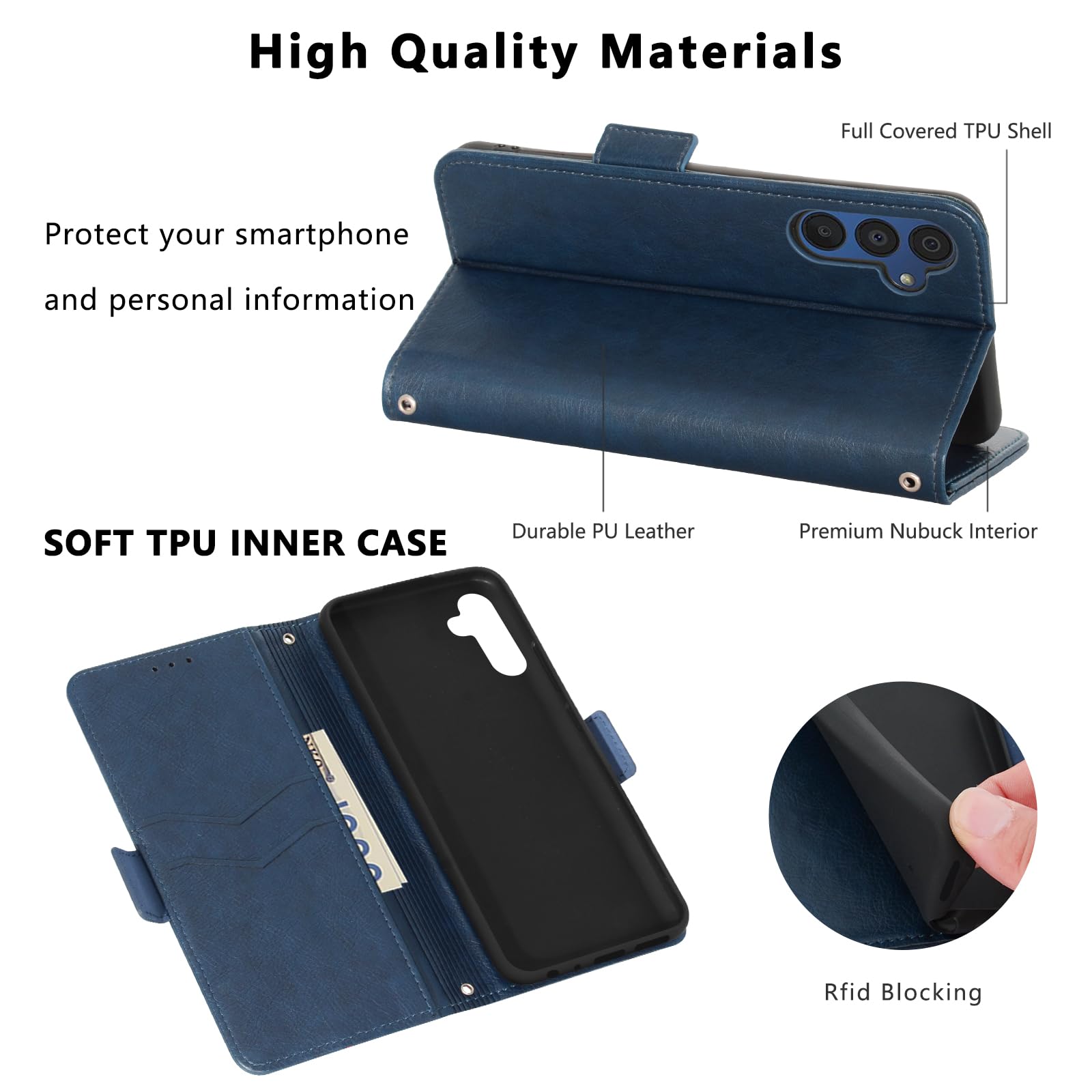 MAMA MOUTH Cover per Samsung Galaxy A15 / A15 5G, Custodia Flip Pelle Portafoglio, Magnetica Libro Slot Schede A15 Cover, Silicone TPU Bumper Wallet Supporto Antiurto Case Per Galaxy A15 5G Blu