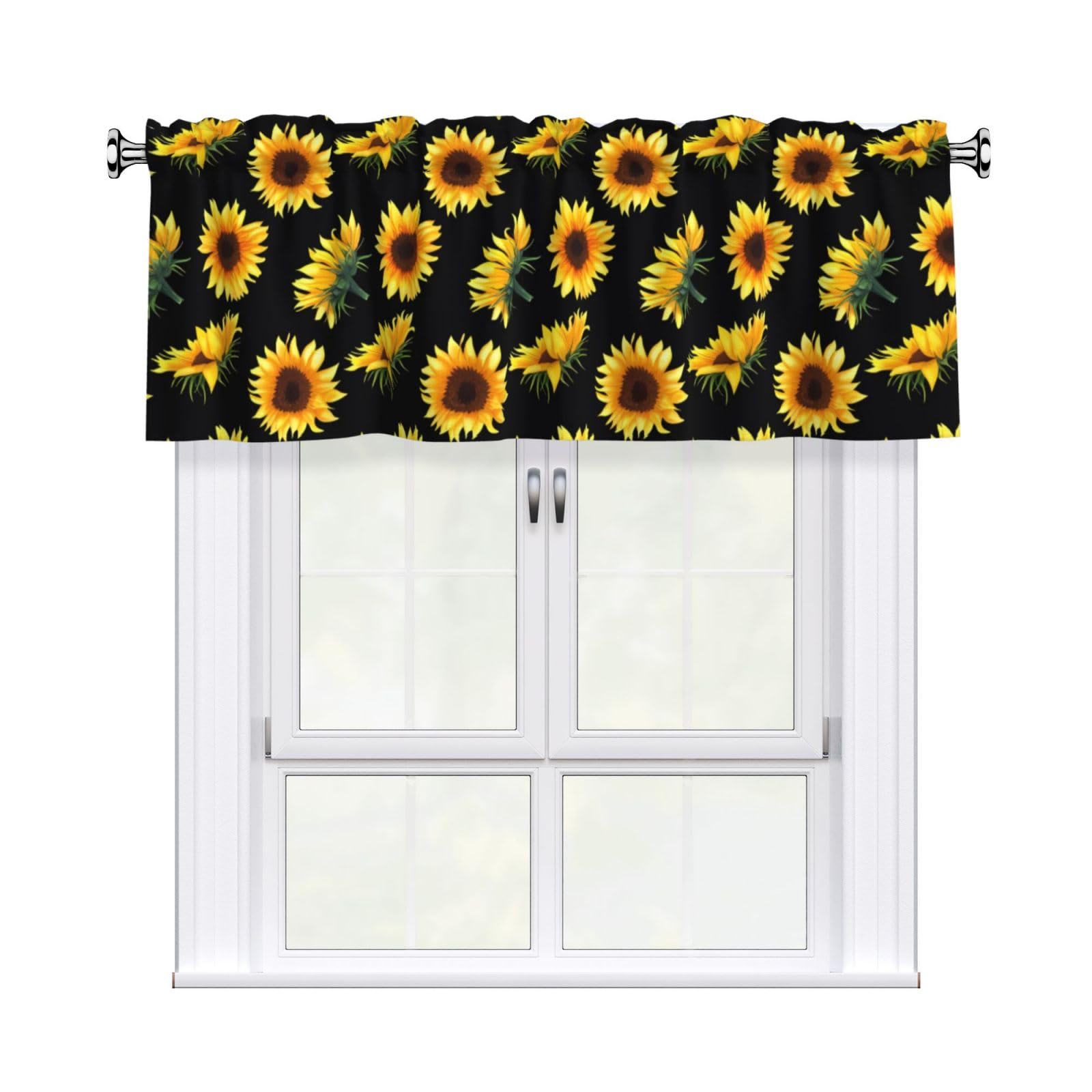 HJFCZH Sunflower Blooming Flowers Plants Black and Yellow Prints Curtain Valance 54x18in - Peach Skin Kitchen Window Layer, Filtered Light & Quick-Install Rod Pocket Cover