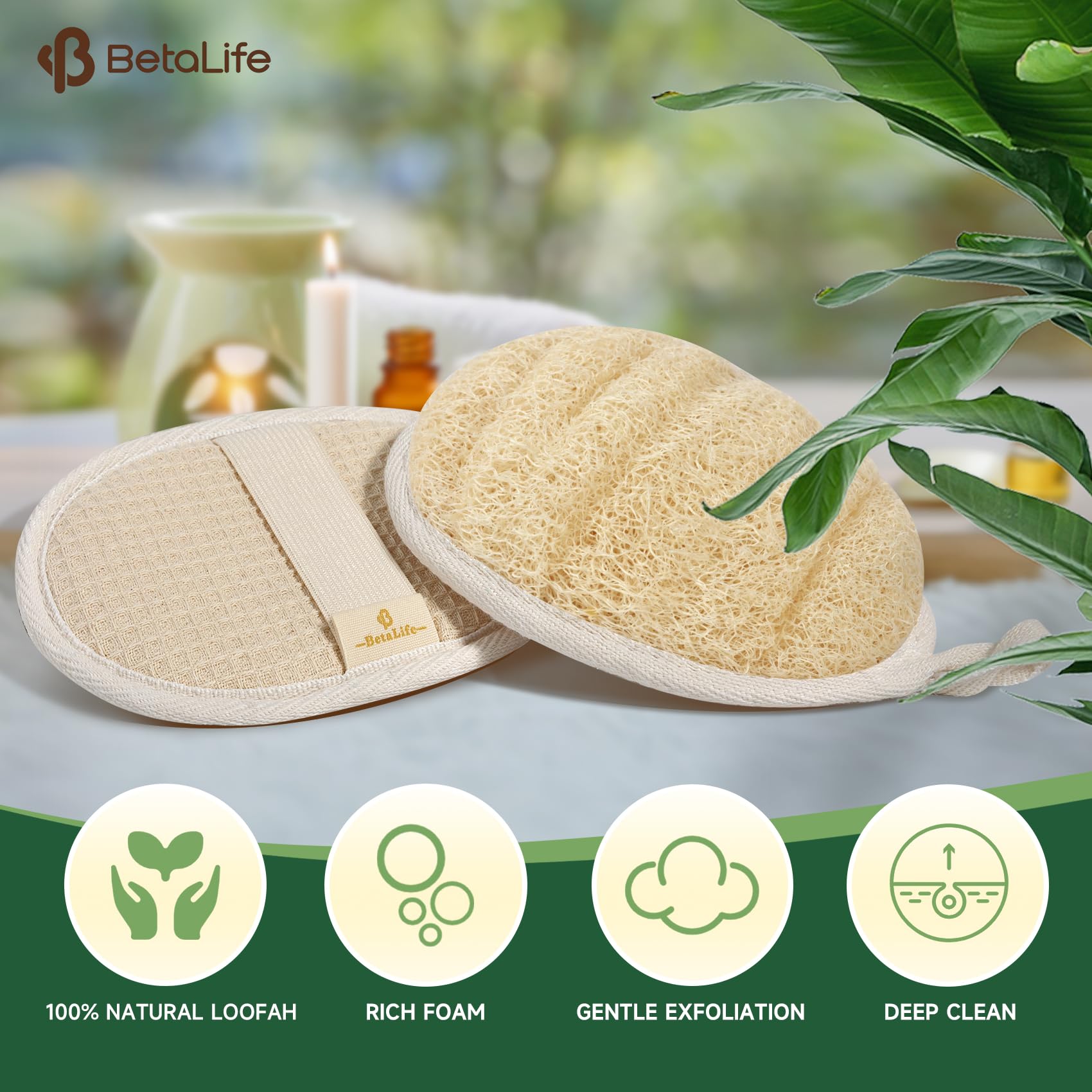Betalife Esponja exfoliante natural de lufa (2 unidades), fabricada con luffa natural y ecológica para mujeres y hombres