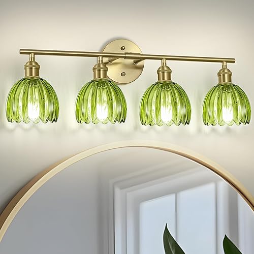 Vintage Bathroom Light Fixtures,4-Light Hardwired Vanity Lights with Green Tulip