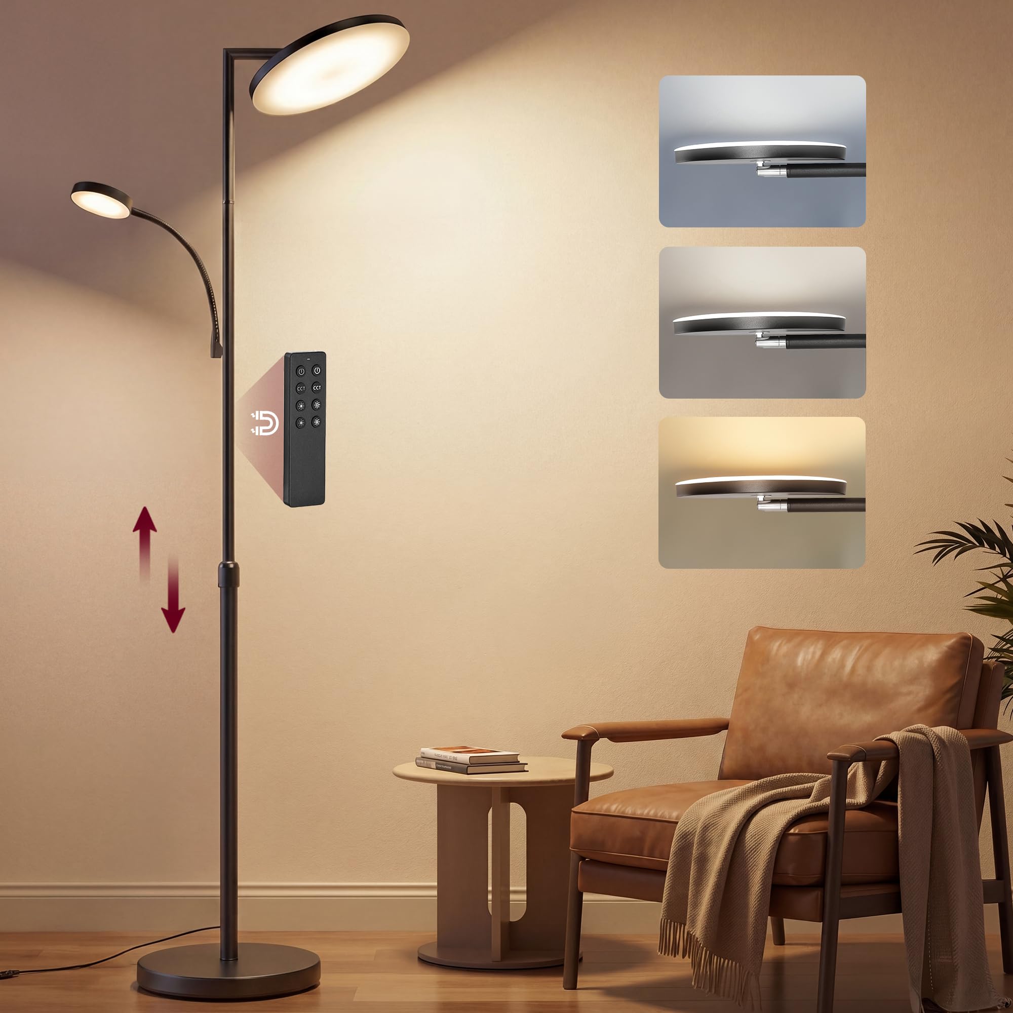VASAGLE Stehlampe Wohnzimmer, LED-Stehleuchte höhenverstellbar, Standleuchte 42W, drehbarer Lampenkopf, Schlafzimmer, Büro, Leselampe, Timer, Tasten- und Fernbedienung, mattschwarz LFL028BD02
