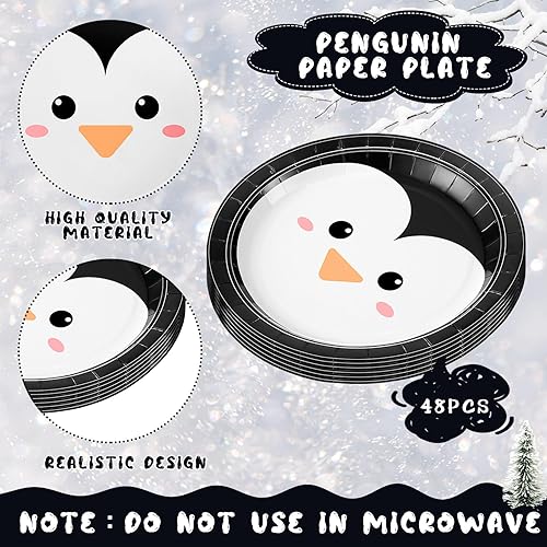 Miniatura 3 de Yungyan 48 platos de papel de pingüino de 7 pulgadas, decoraciones de fiesta de pingüinos, platos redondos desechables de invierno, suministros de