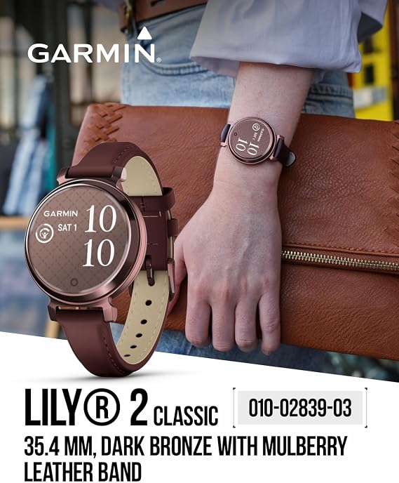 Garmin Lily 2 Classic - Dark Bronze with Mulberry Leather Band: Women Smartwatch w/contactless payments | Up to 5 Days Battery Life, Health & Fitness Tracker. 010-02839-03 Gift Bundle