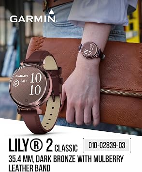 Garmin Lily 2 Classic - Dark Bronze with Mulberry Leather Band: Women Smartwatch w/contactless payments | Up to 5 Days Battery Life, Health & Fitness Tracker. 010-02839-03 Gift Bundle