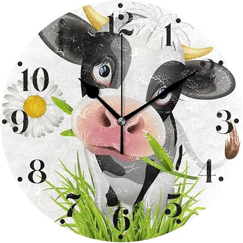 Miniatura 9 de Reloj de pared de vaca Holstein, silencioso, redondo, para colgar en la pared, funciona con pilas, manecillas doradas decorativas, relojes de pared