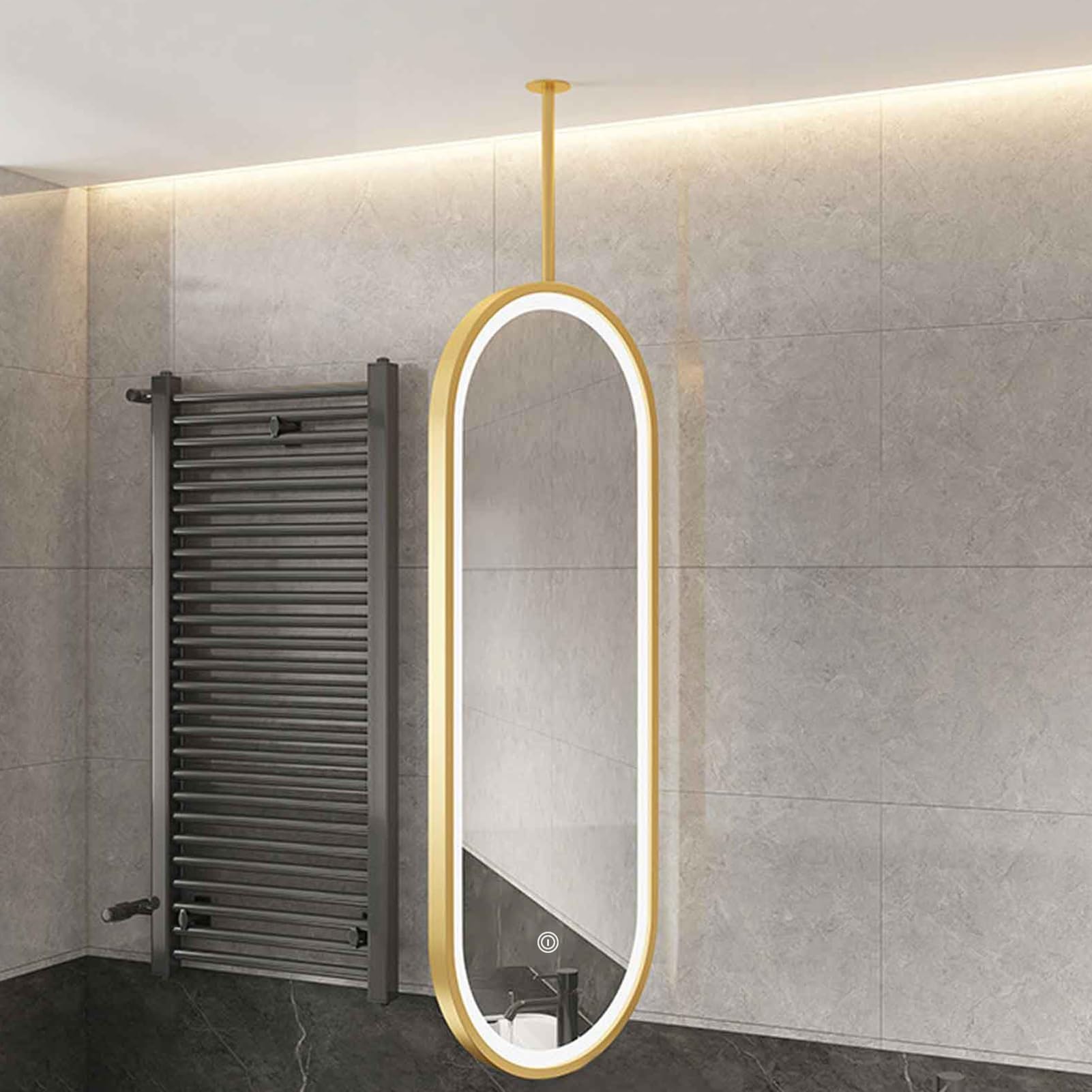 FGXHHS LED Mirror Ceiling Mounted s Oval Gold Customized Suspended Rod Metal Frame Decor HD Hairdressing Mirror(50cmx90cm)