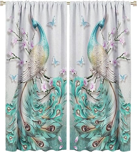 Miniatura 246 de Cortina opaca con estampado de pavo real, con estampado de animales retro, con bolsillo para cortinero y flores de peonía doradas, para dormitorio,