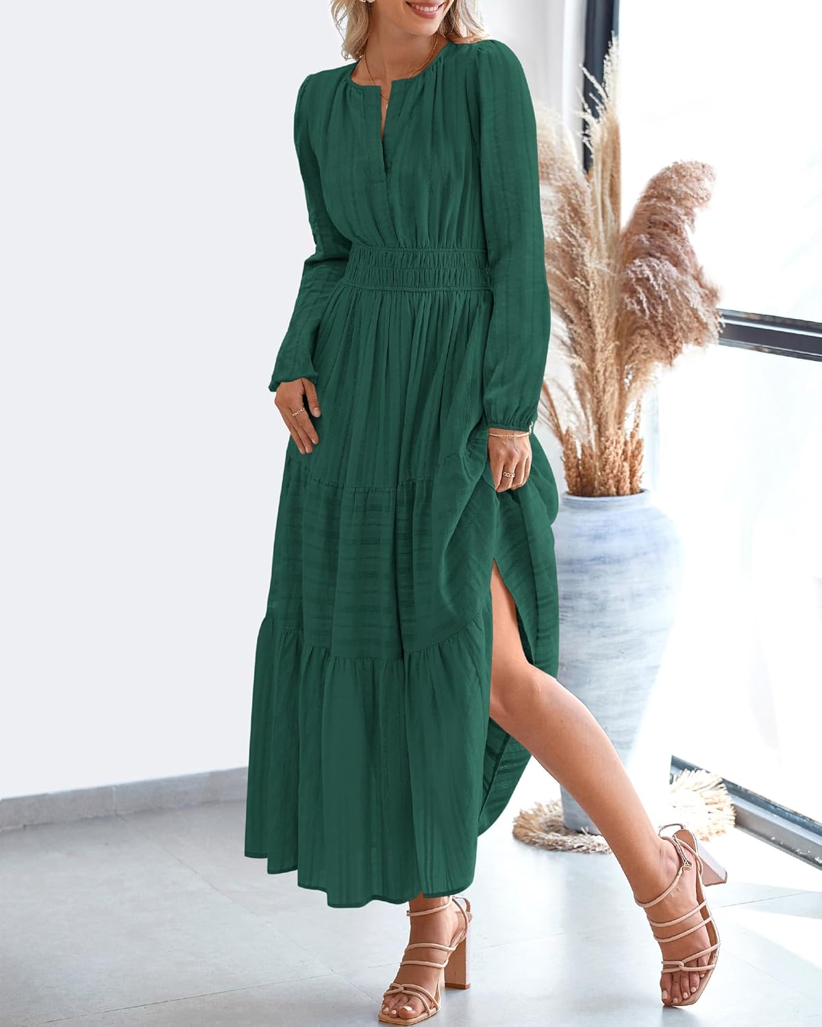 BTFBM Spring Dresses for Women 2026 Casual Long Sleeve V Neck Elastic Waist Lightweight Maxi Wedding Guest Dress Pockets - Image 7