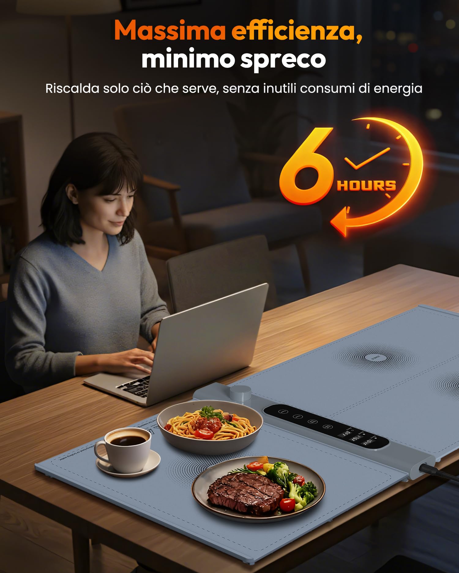 Vassoio Riscaldante Elettrico a 3 Zone Indipendenti 101×43 cm, Vassoio Riscaldante Pieghevole con 17 Livelli di Temperatura Precisi e Timer 1–6H, Tappetino Riscaldante in Silicone per Buffet e Feste