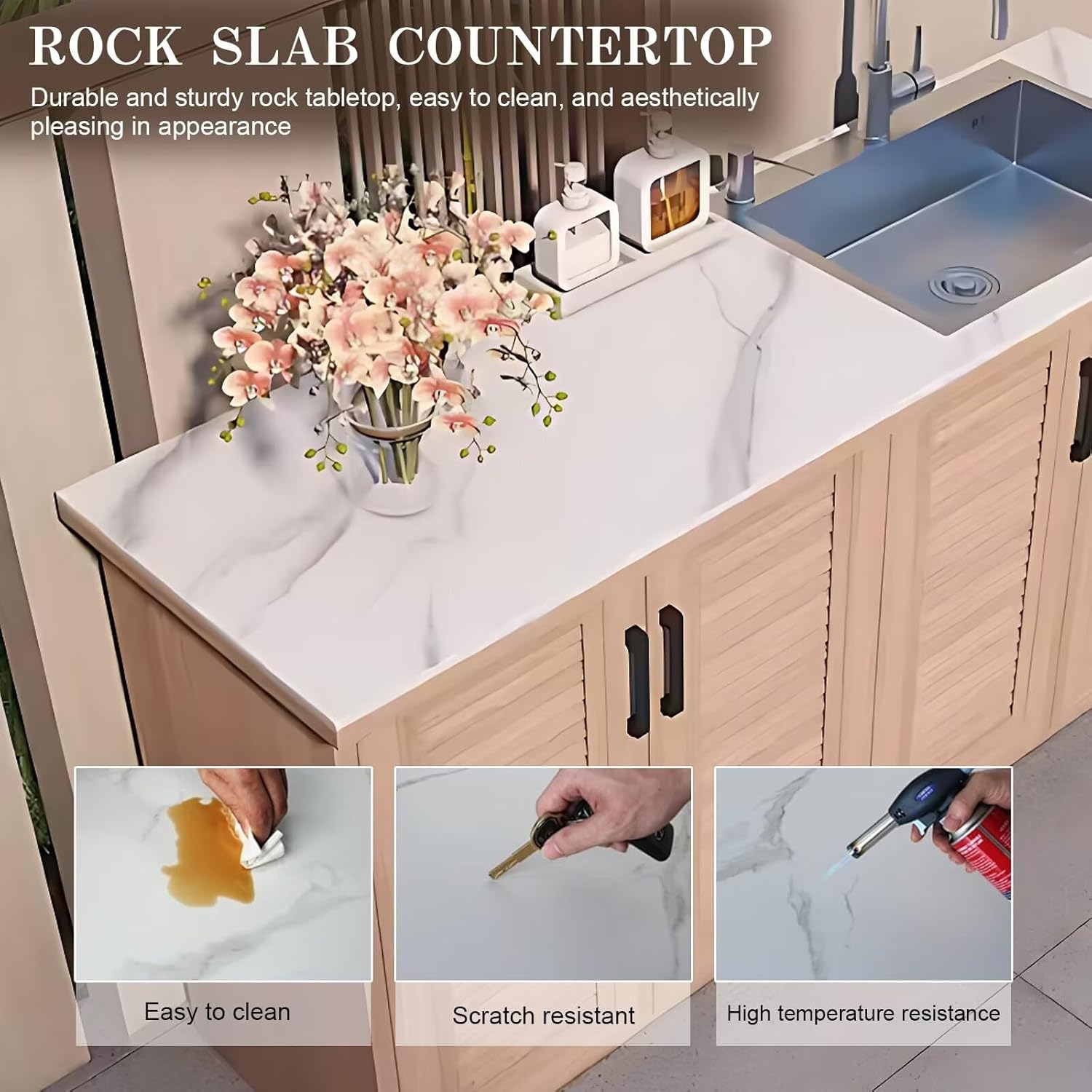 Outdoor Laundry Utility Sink Cabinet with Natural Wood Grain Aluminum Door,Kitchen Sink Cabinet with Black Stable Handle,Hidden Storage Dividers and White Textured Rock Countertop