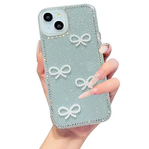 DIZORO Compatible for iPhone 15 Cover 6.1, Luxury Diamond Cute with Bow Glitter Bling Case with Full Camera Protection Shockproof PC+TPU Glossy Shiny Back Cover Case for Girls Women (Pine Green)
