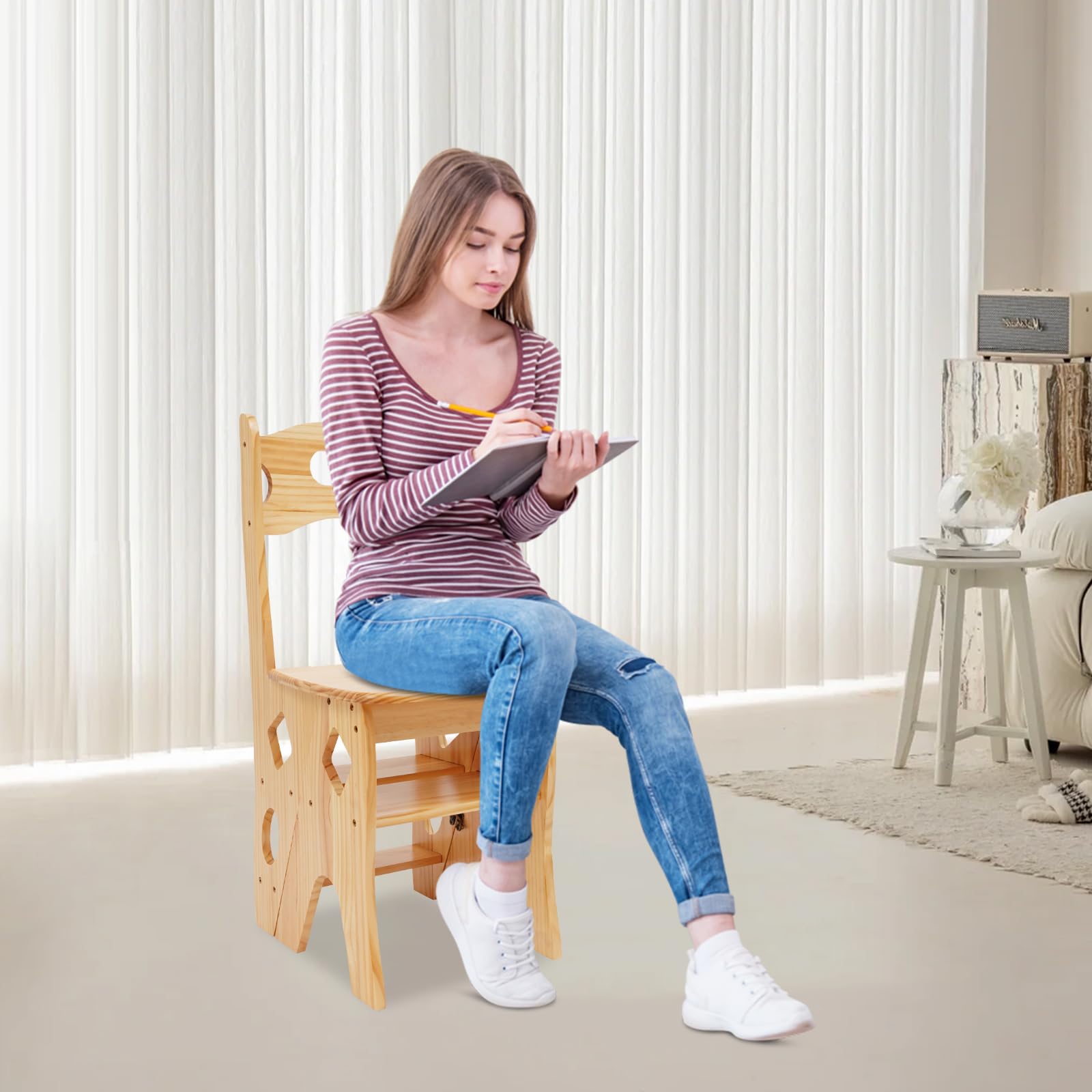 Składane krzesło biblioteczne, 4-stopniowy taboret z drewna sosnowego, składane krzesło drabinkowe, wielofunkcyjne krzesło do wchodzenia, do użytku wewnątrz i na zewnątrz, nośność 100 kg (kolor drewna