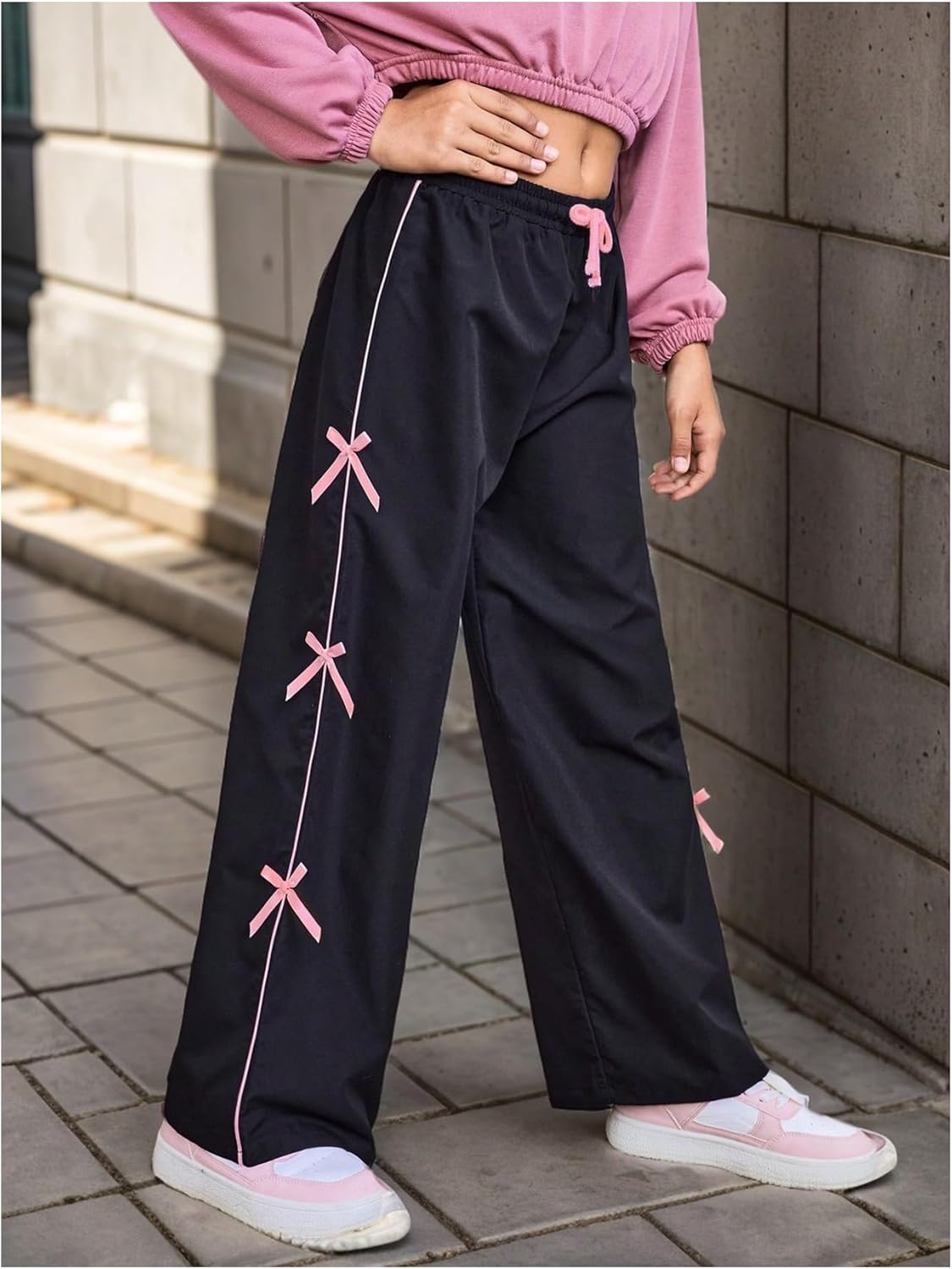 WDIRARA Girl's Bow Side Waist Track Pants Cute Wide Leg Trousers - Image 2