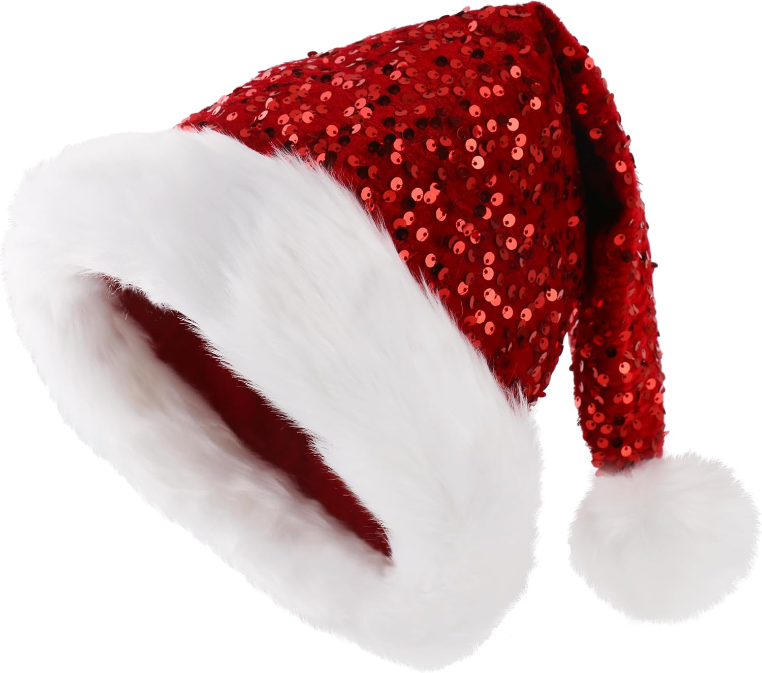 Red Sequin Santa Hat for Women Men Adults, Large Glitter Plush Santa Claus Hat, Sparkly Christmas Party Accessory, Holiday Headwear with Comfort Liner