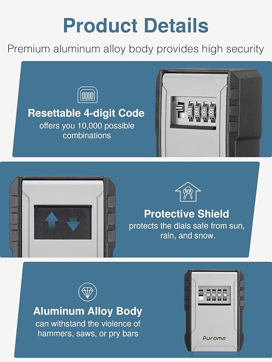 Puroma Key Lock Box مع خطاف مفتاح، مجموعة مكونة من 4 أرقام قابلة لإعادة الضبط، أمان تخزين مفتاح مقاوم للماء، مثبت على الحائط بسعة كبيرة لمفاتيح المنزل، السماسرة، مفاتيح قطع غيار المرآب