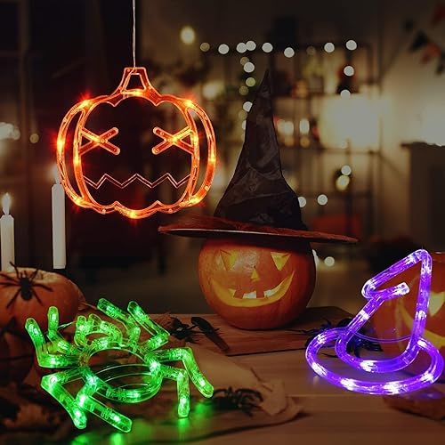 Vista 2 de LOLStar Decoraciones de Halloween para ventana, paquete de 3 unidades, naranja calabaza, verde, araña, morado, sombrero de bruja que funciona