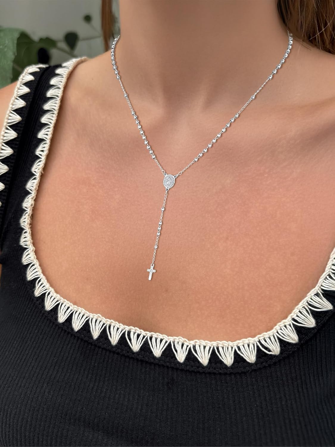 FOCALOOK Rosary Chain Necklace Virgin Mary Prayer Necklace with Crucifix/Jesus Cross Pendant Catholic Long Y Drop Chain Jewelry Gift for Women Men (with Rosary Box & Pray Card)