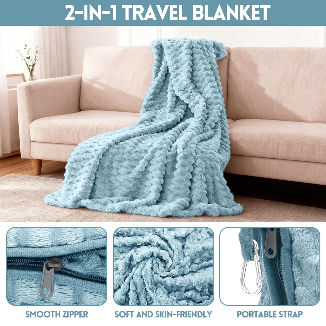 Manta de viaje almohada 2 en 1, suave y cálida manta de avión, almohada portátil multifuncional con funda de almohada, manta de viaje para avión, viajes, oficina, hogar, 127 x 152 cm (azul)
