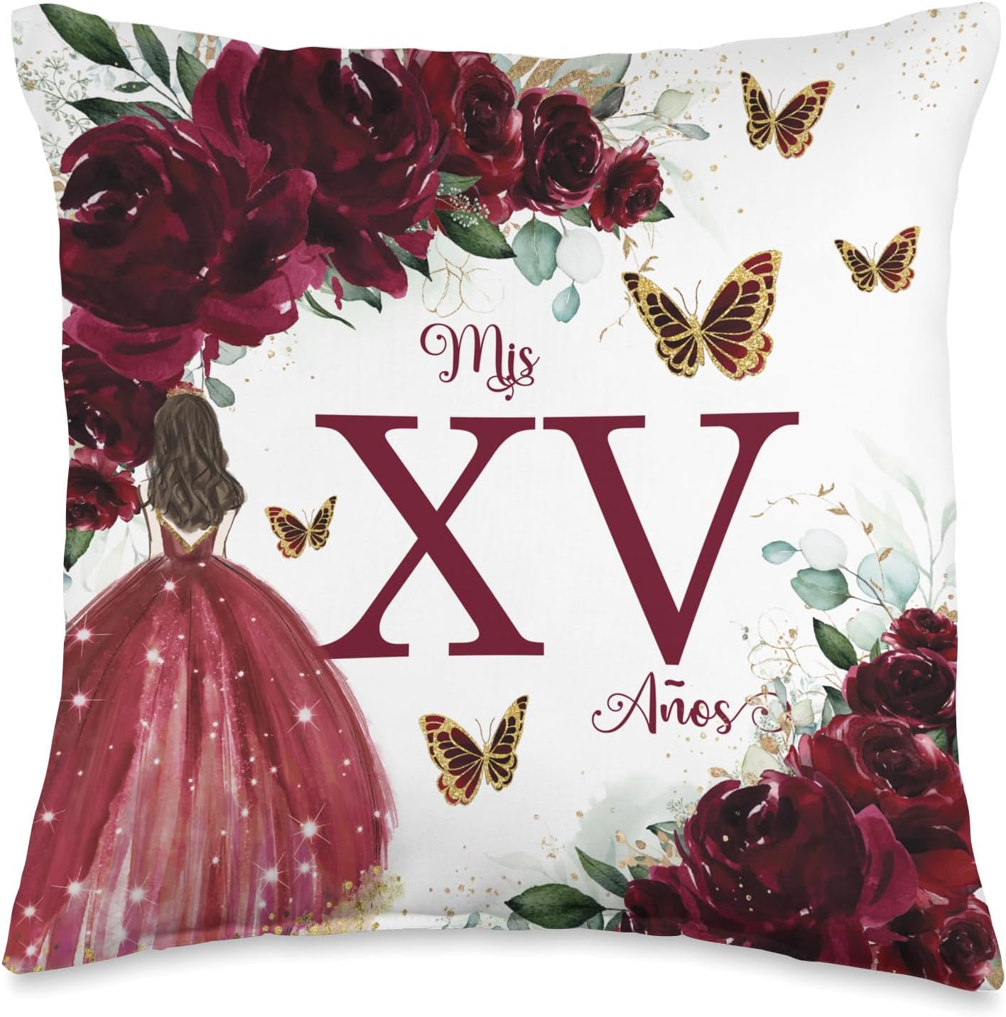 Chic Rich Burgundy Floral Quinceañera Mis XV 15 Años Throw Pillow
