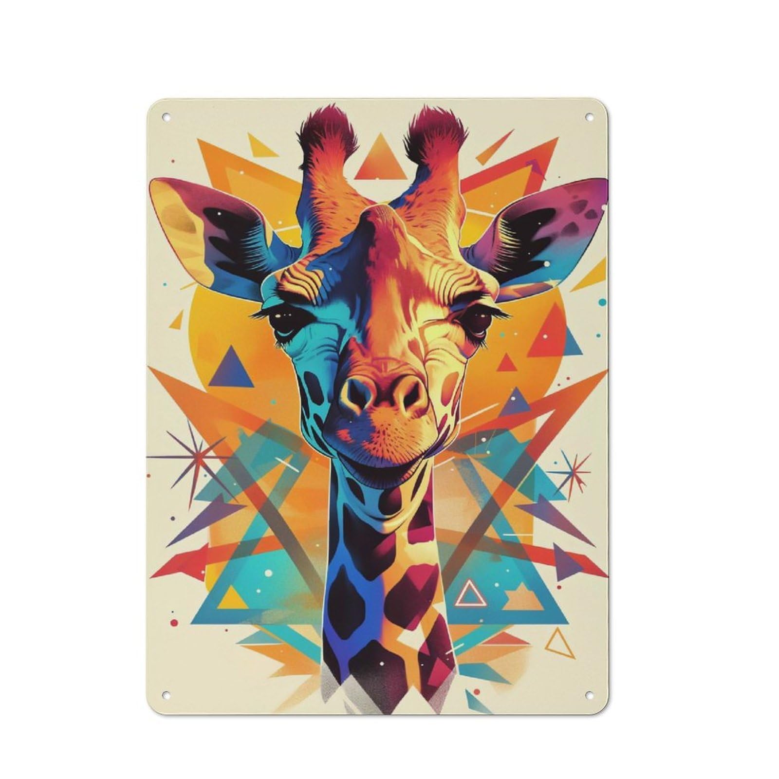 Vintage Colorful Giraffe Portrait with Geometric Background Tin Sign 40x30cm, Shed Wall Plaque for Garage, Workshop, Shed Or Utility Room