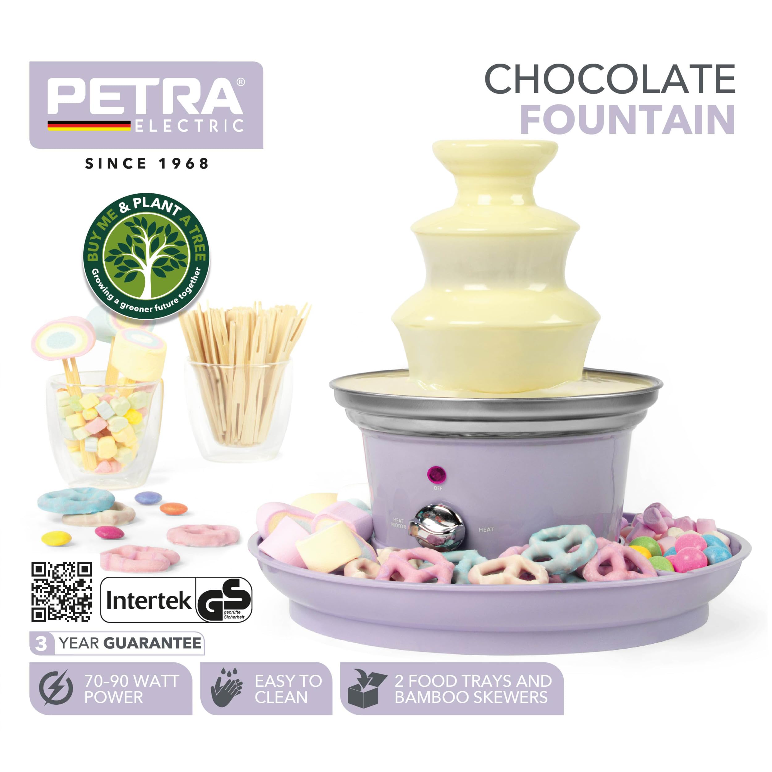 Petra PT3428PPVDEEU7 Schokoladenbrunnen 3 Etagen - Kaskadendesign, einfache Reinigung, Dip & Share Schokofontäne, umfasst 2 Obst/Snacks Tabletts & 100 Bambusspieße, Schokoladenfondue, 70–90 W, violett
