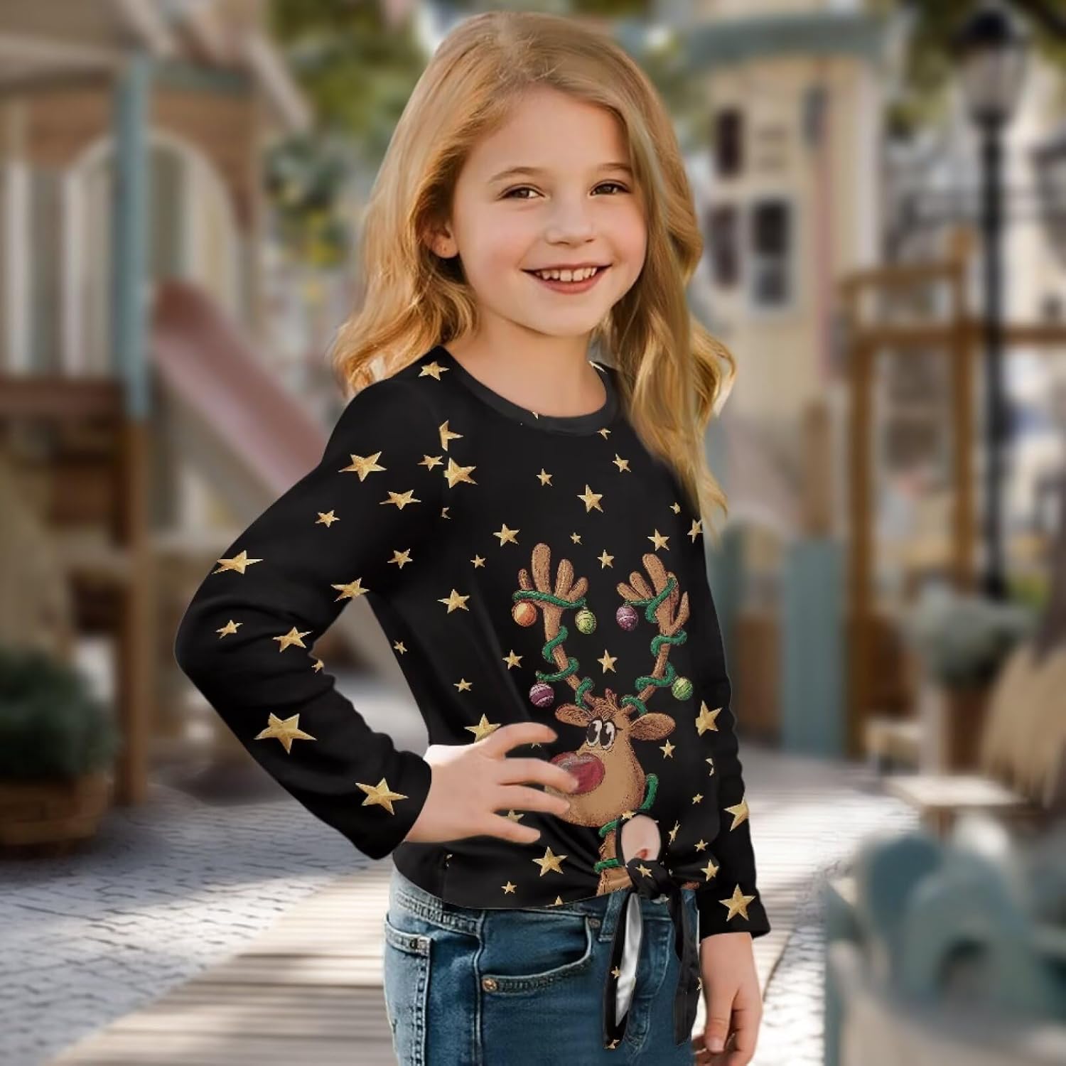 Christmas Theme T-shirts for Girls Crewneck Sweatshirt Long Sleeve Kids Top Tie Front Knot Pullover Size 5-12