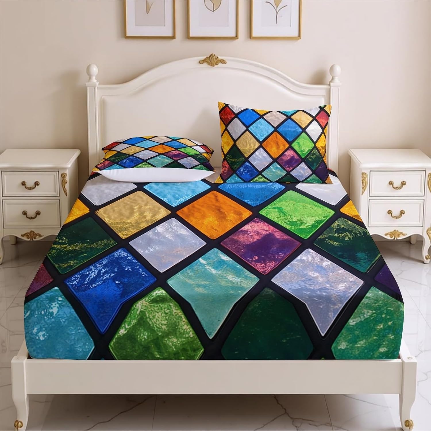 Sabana Bajera 180x200 Cuadros De Cristal Sabanas Bajeras Estampadas Colorido Sábana Bajera Ajustable Suaves, Elastico Funda Colchon con 2 Funda Almohada 50x80 cm, para Colchón de 30cm de Altura