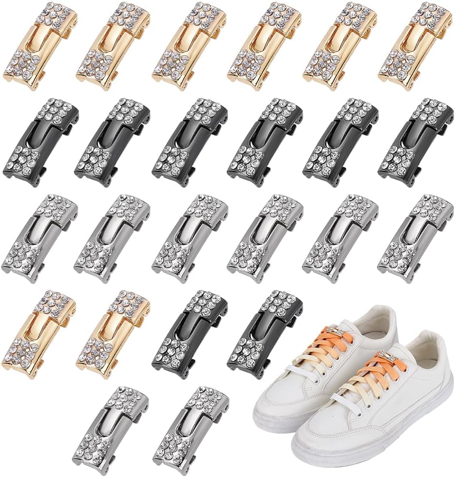 FINGERINSPIRE 12 Pack No Tie Alloy Shoelace Buckles 1.1inch Exquisite Rhinestone Alloy Buckles 3Colors No Tie Shoe Lace Clips Shoelace Fasteners for Women's Casual Sneakers Athletic Formal Shoes