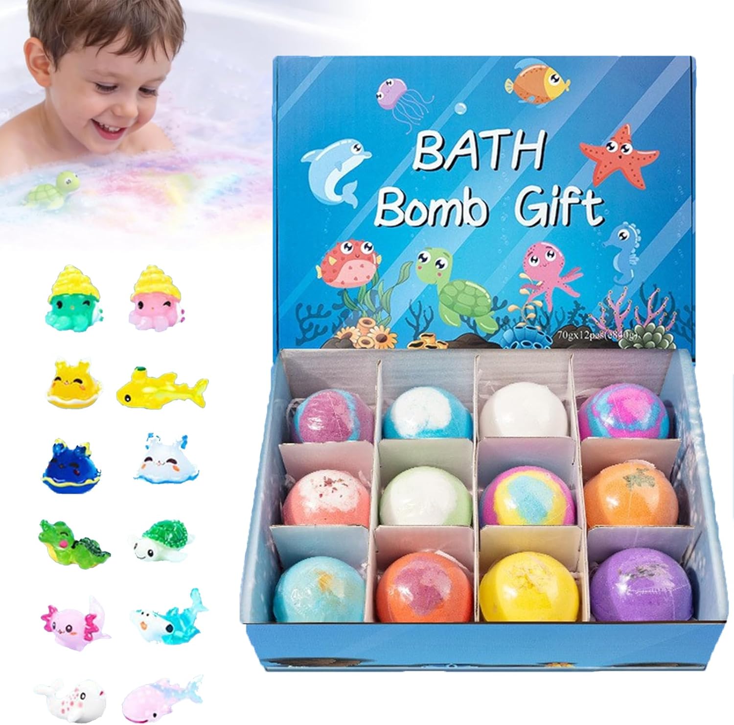 Bubble Buddies Bath Toy, 12-Piece Ocean Surprise Toy Bath Bomb Set, with Surprise Spring Toys Inside - Easter Basket Stuffers for Boys Girls, Bath Bombs Gift for Kids 3+ (Ocean)