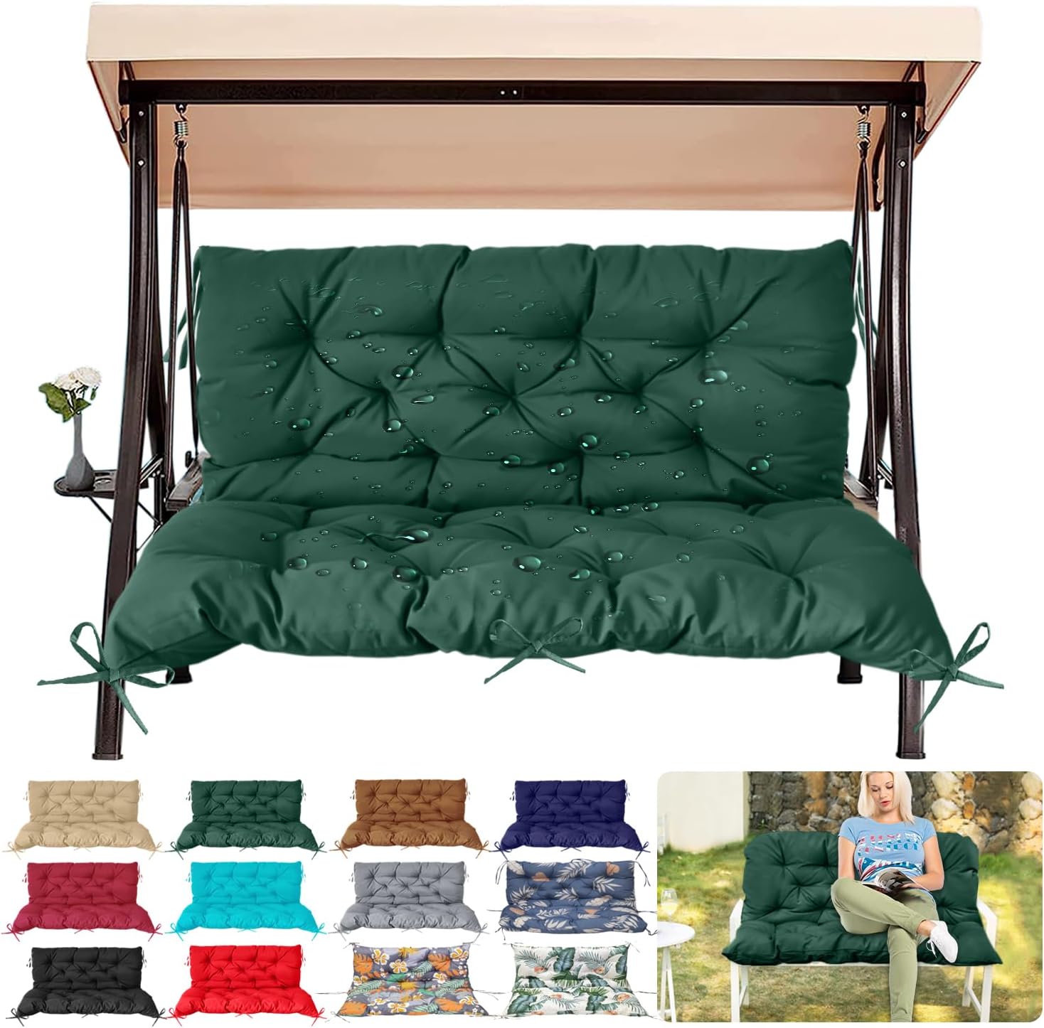 Outdoor/Indoor Swing Replacement Cushion, 2 or 3 Seats Bench Cushions with Backrest, Thicken 4" Recliner Seat Pad for Garden/Patio, Waterproof Premium Tufted Cushion with Ties(Dark Green-60x40x4in) Dark Green 60x40x4in