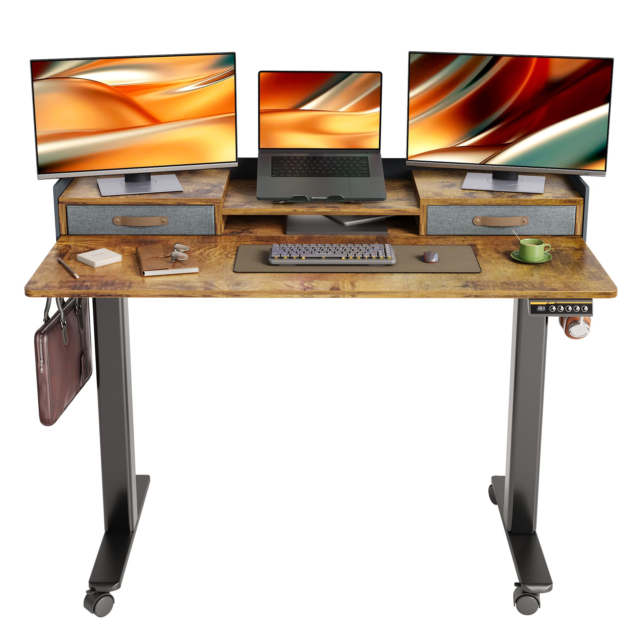YDN Rustic Brown Standing Desk with Drawers, 55 Inch Adjustable Height Electric Sit Stand Desk with Storage and Shelf