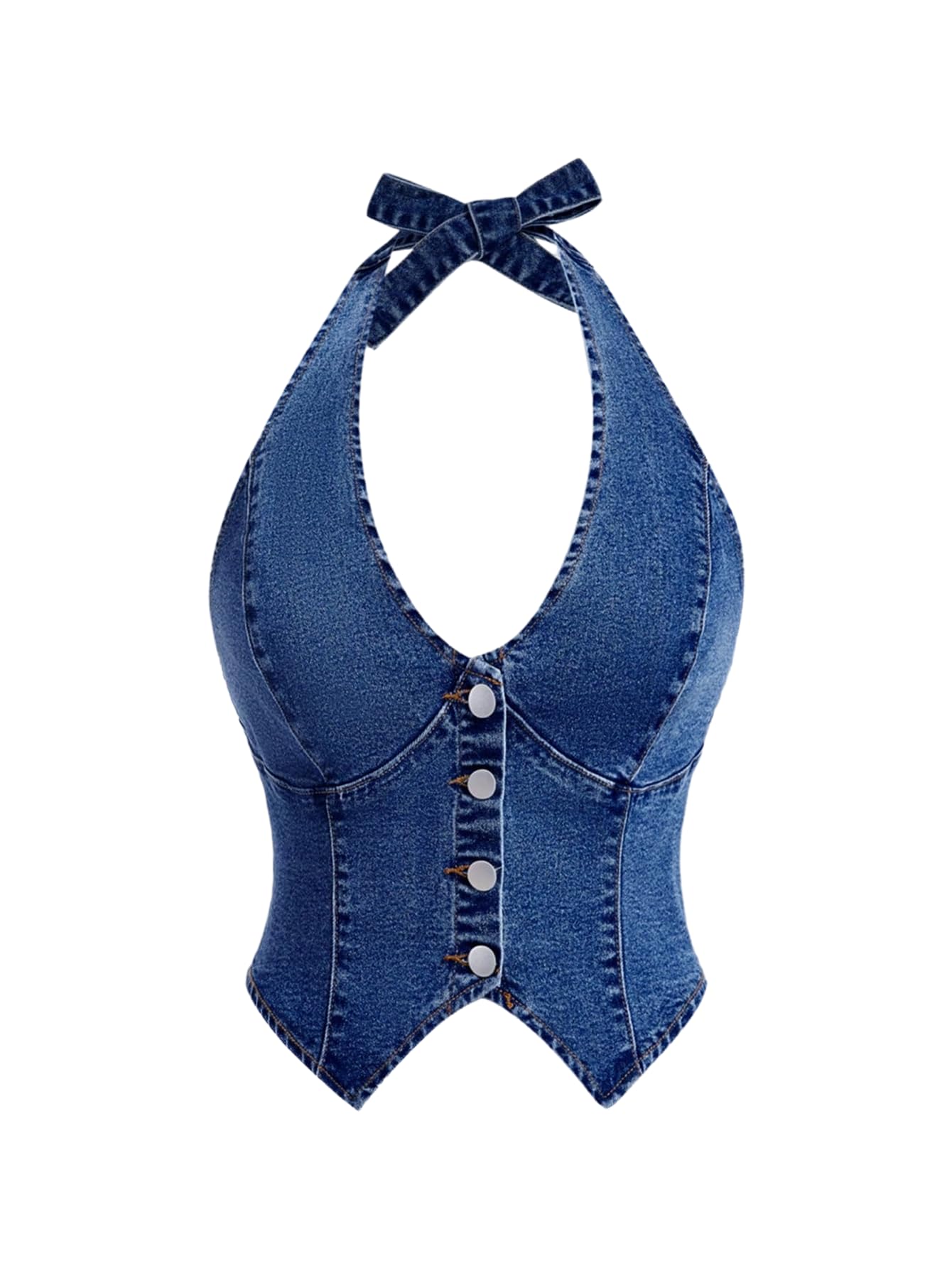 Milumia Womens Denim Halter Top Tie Backless Button Front Slim Fit Vests