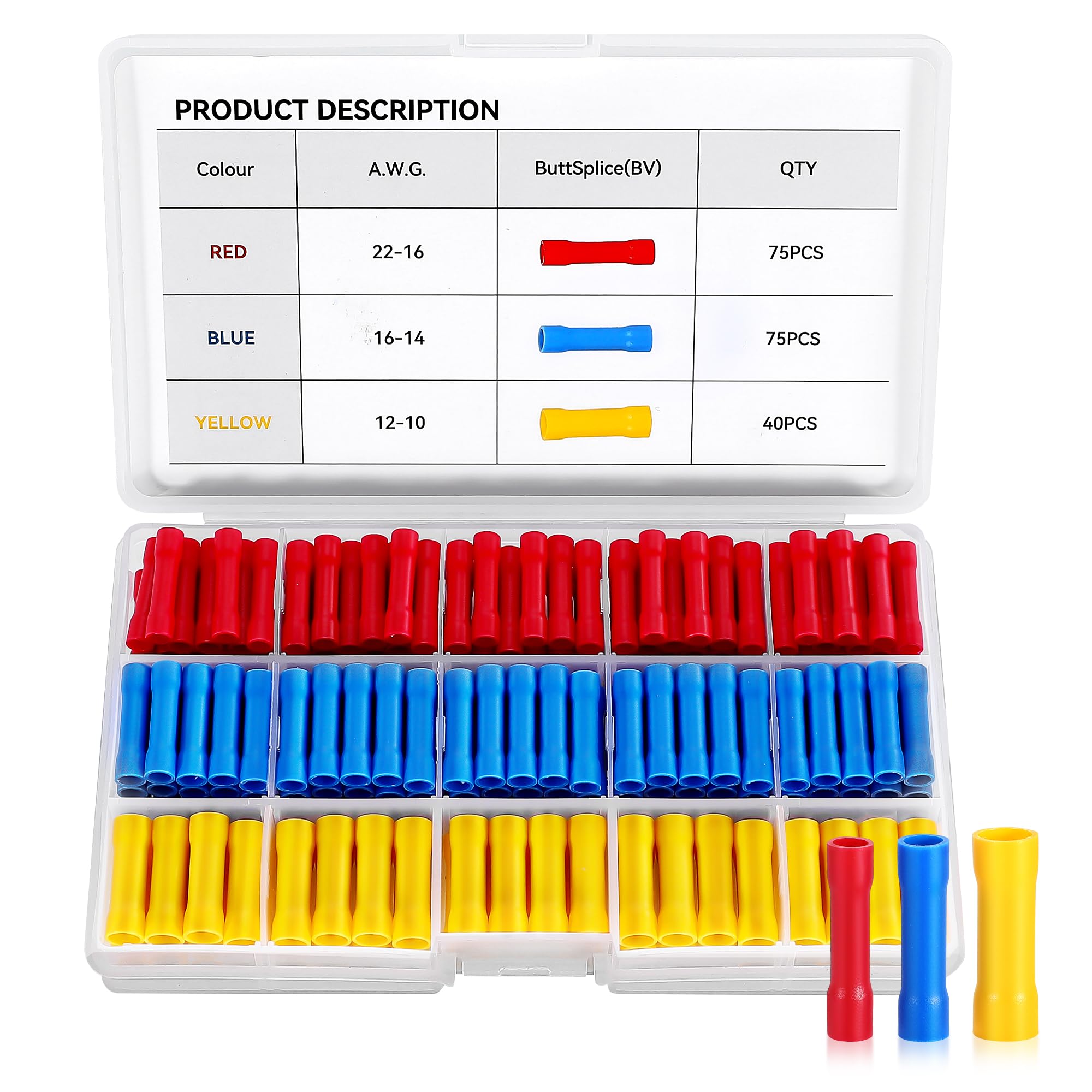 190PCS Wire Connectors Insulated Butt Terminals Automotive Marine Electrical Terminals Kit, Butt Splice Crimp Connectors