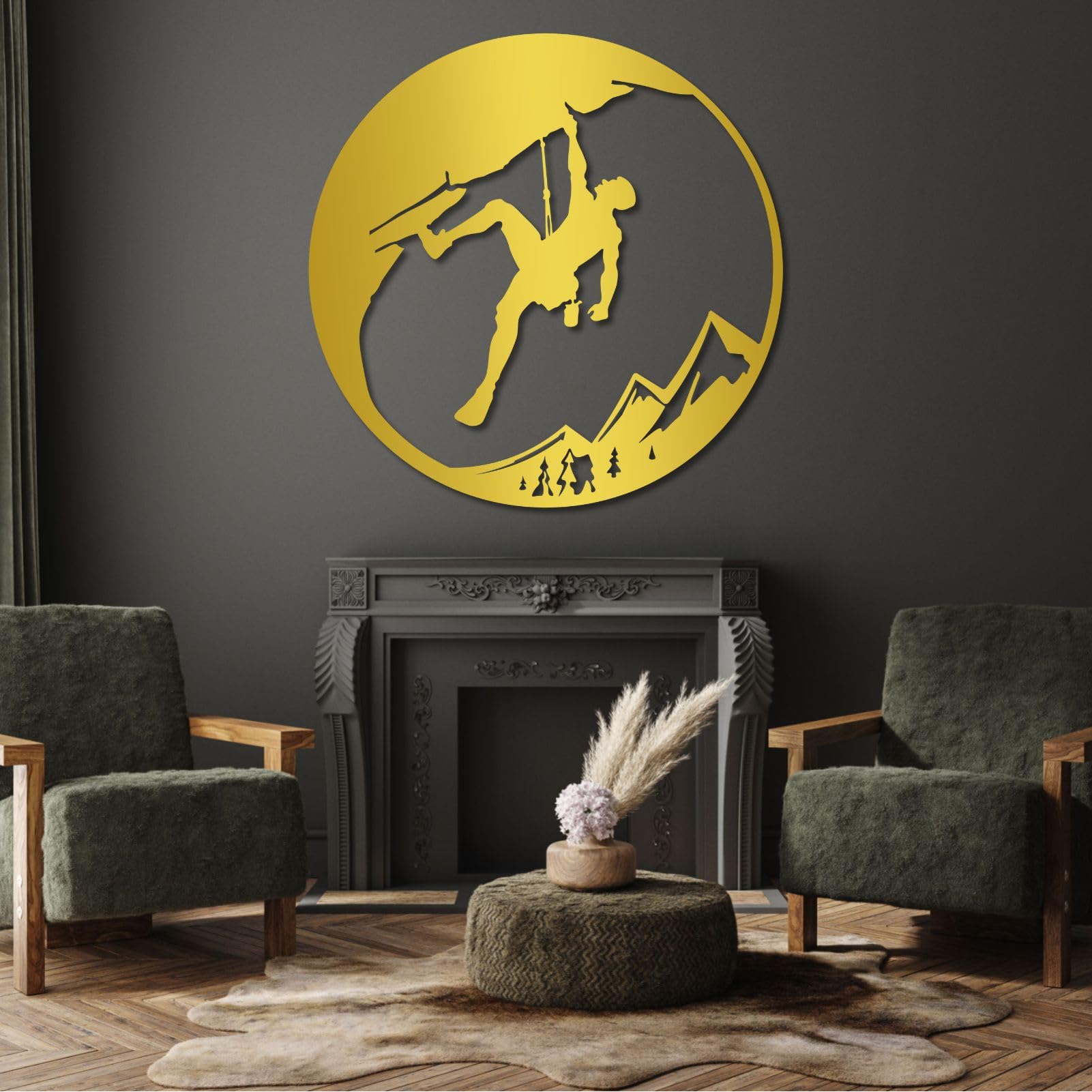 Großes abstraktes Wandbild aus Metall, Motiv: Felskletterer, Dekoration für Klettersport, Dekoration für Bergabenteuer im Freien, für Wohnzimmer, Schlafzimmer, Büro, Männerhöhle (Silber, 47 cm B
