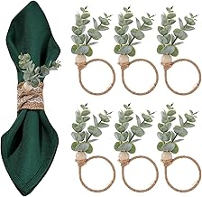 6 Pcs Rustic Farmhouse Napkin Rings, Green Boho Leaf Napkin Rings Eucalyptus Wooden Bead Napkin Rings Holder for Spring Fall Family Banquet Easter Thanksgiving Christmas Wedding Table Decor