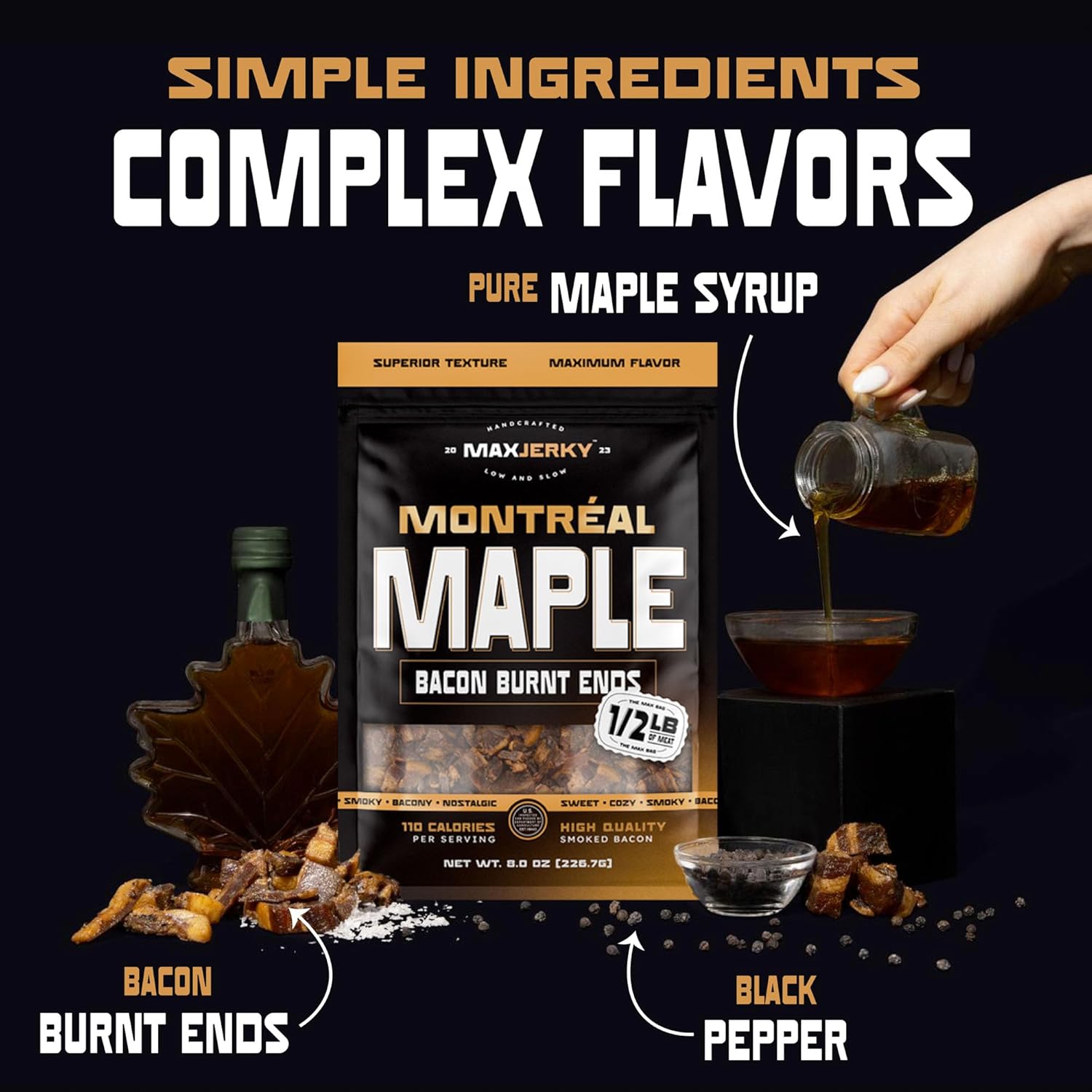 MaxJerky Montreal Maple Bacon Burnt Ends, Smoked Bacon Jerky, 24 Grams of Protein 8 OZ (2 Pack)