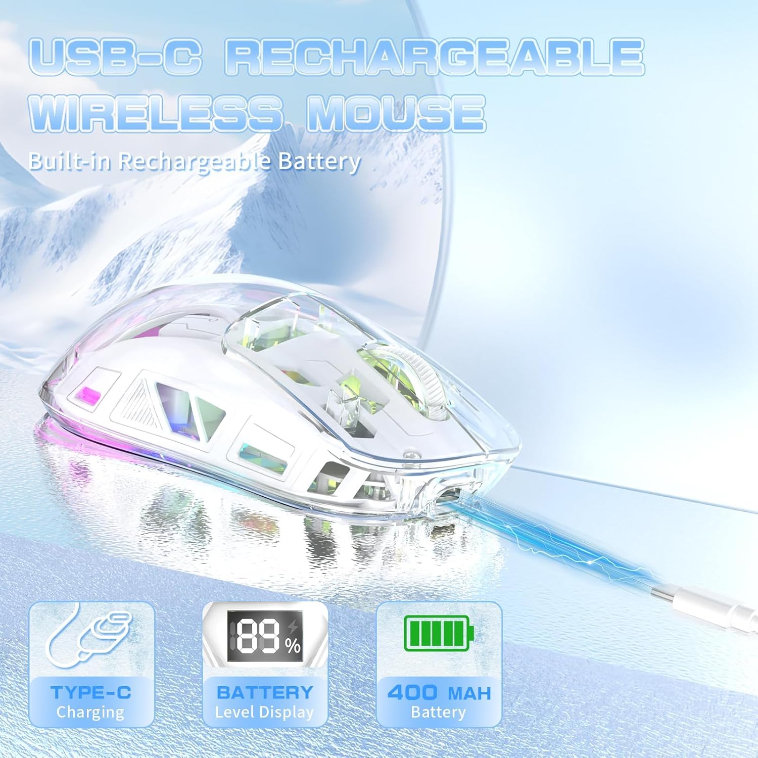 Advanced | Wireless Gaming Mouse, RGB Backlit USB Gaming Mice & 7 Buttons Programmable Driver, Dual Mode 2.4G/Bluetooth Transparent, Rechargeable 400mAh Battery, 4000 DPI 5 Level, Visible Battery Level-White 2026 - view 4