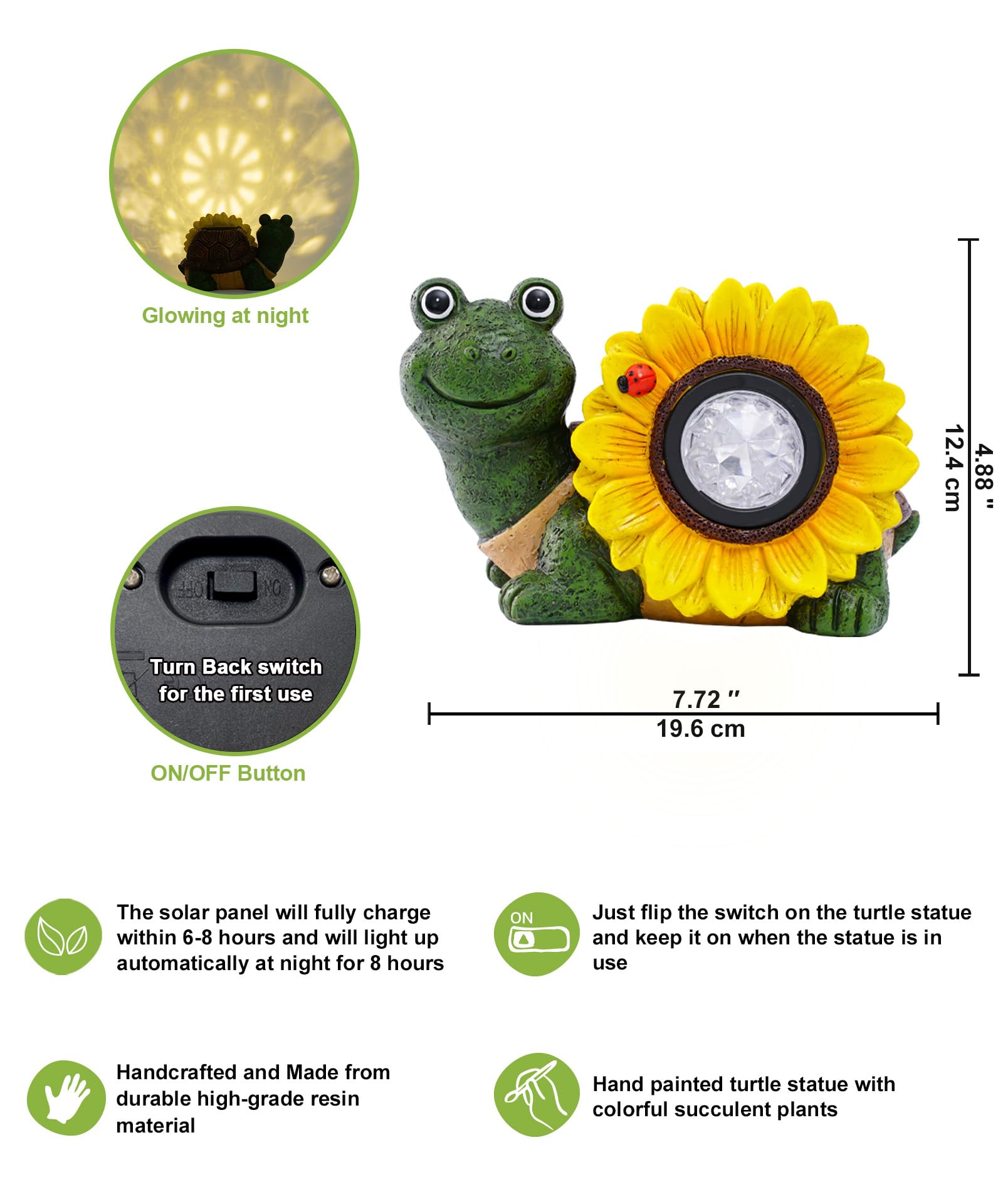 Yeomoo Solar Schildkröte Deko Figur mit Sonnenblume & Käfer Gartendeko Grün
