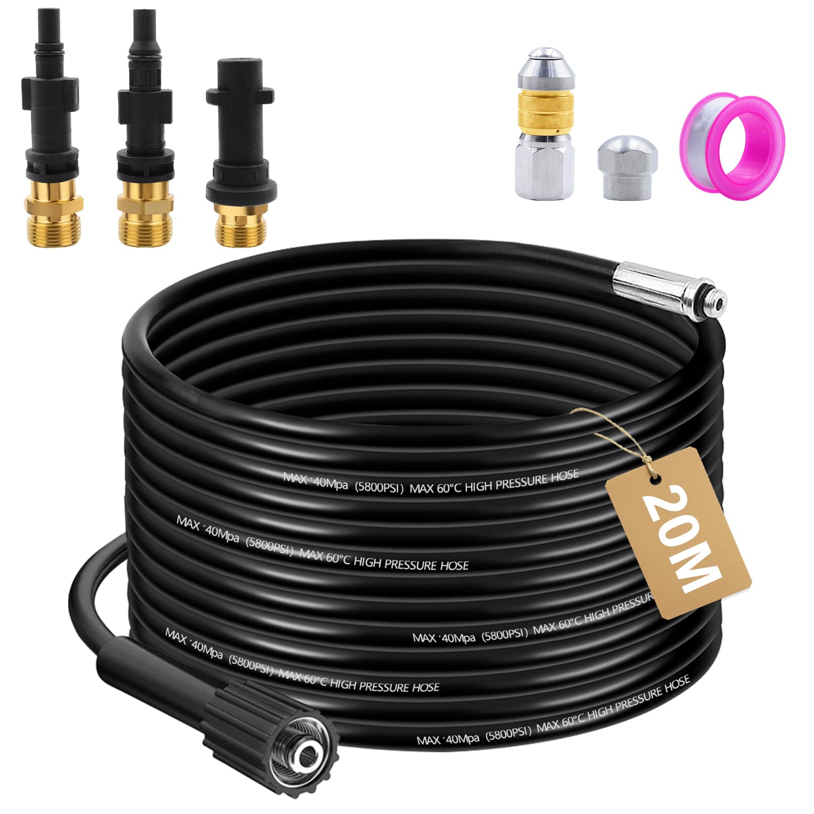 20M Rohrreinigungsschlauch Set für Kärcher K2 K3 K4 K5 K6 K7 Rohrreinigungsdüse Hochdruckschlauch für Kärcher 180Bar Rohrreinigungsset, Adapter Hochdruckreiniger für Lavor für Parkside für Bosch