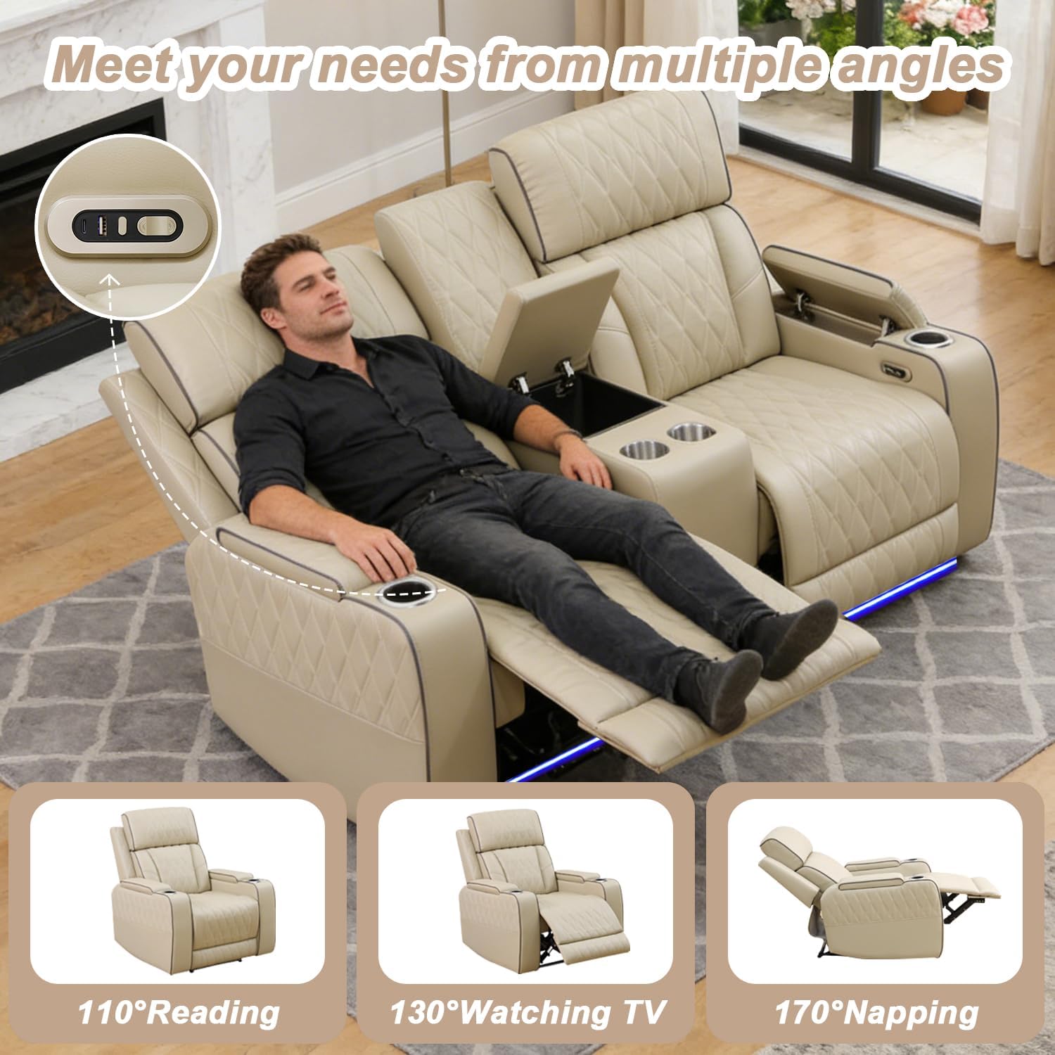 Beige Leather Power Recliner Sectional Sofa Set with LED Light,L-Shaped Reclining Couch with USB Port,Leather Sofa with Cup Holder/Storage for Living Room/Home Theater(Sectional+Loveseat)