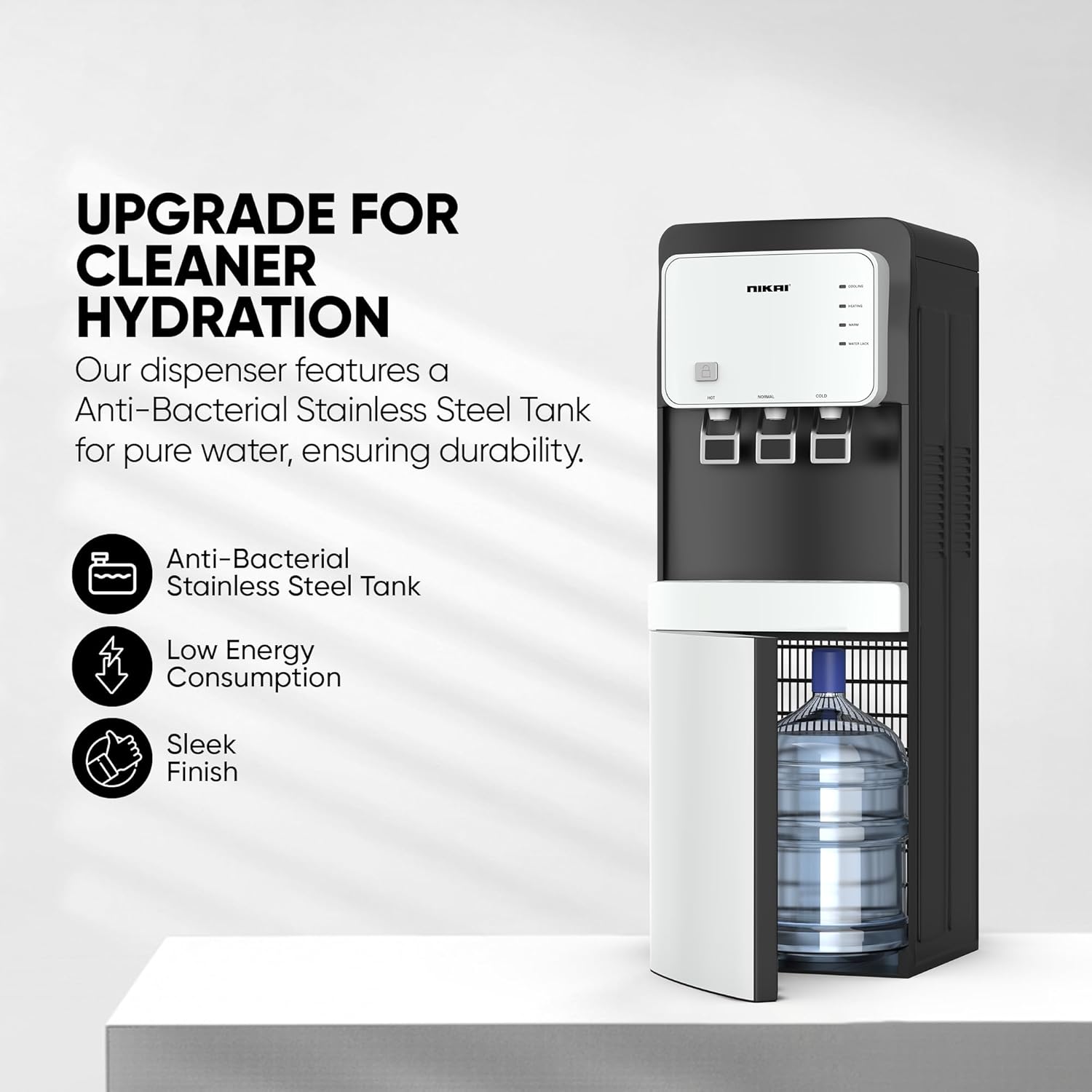 Back view of Nikai NWD2000BL Water Dispenser showing condenser and power switches