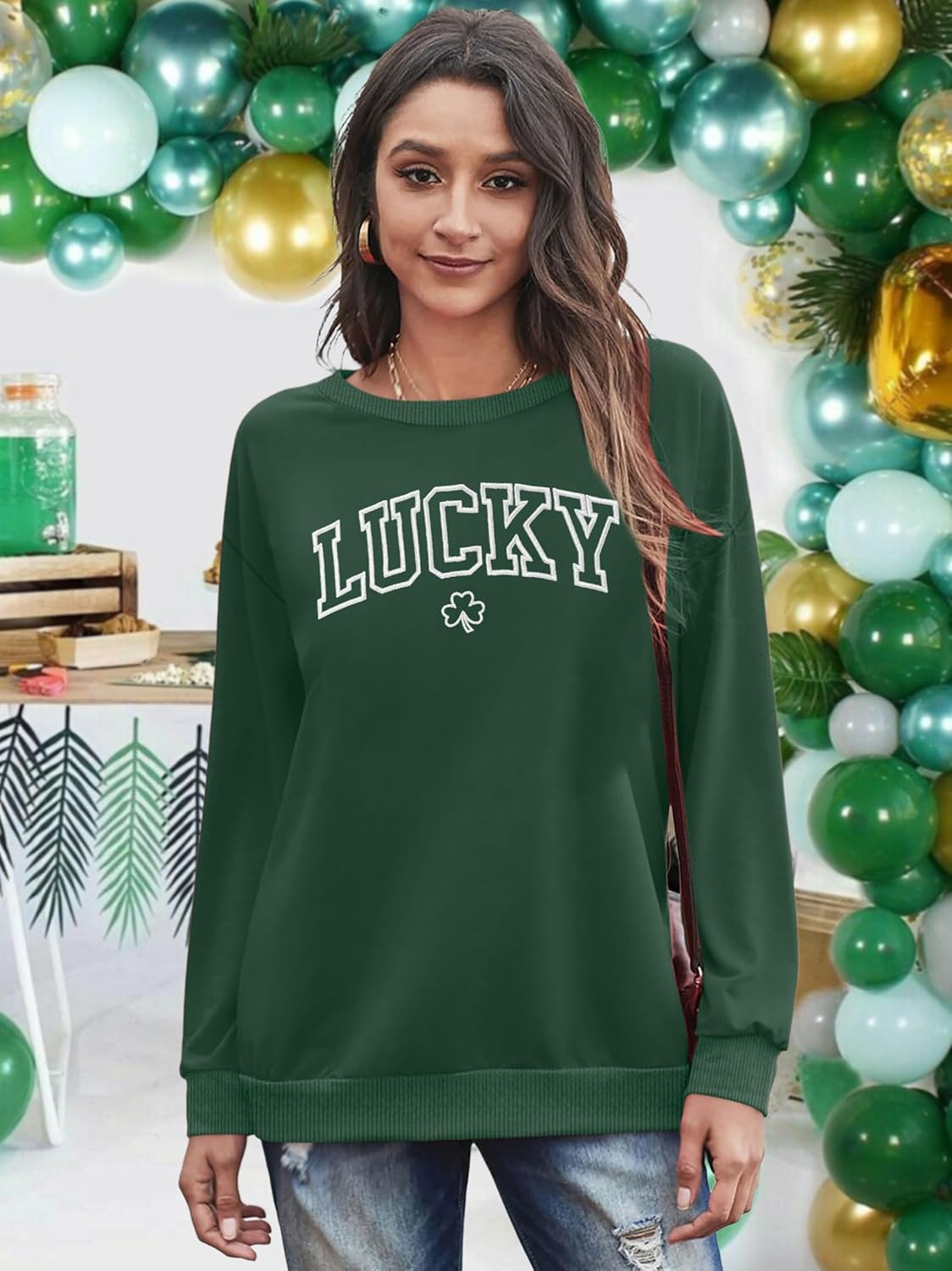 VVNTY St. Patrick's Day Sweatshirt for Women: Embroidered Lucky Shamrock Graphic Tee Shirts Paddy's Day Pullover Tops - Image 3