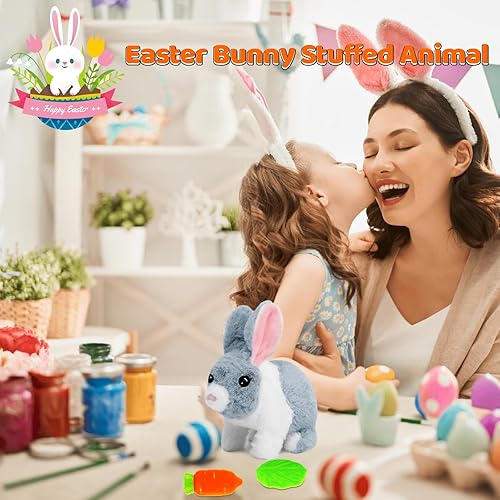 Miniatura 7 de Bilinott Juguetes de conejo de Pascua para niños, juguetes de conejo realistas con acción de salto, orejas movibles, boca y nariz contracturadas,
