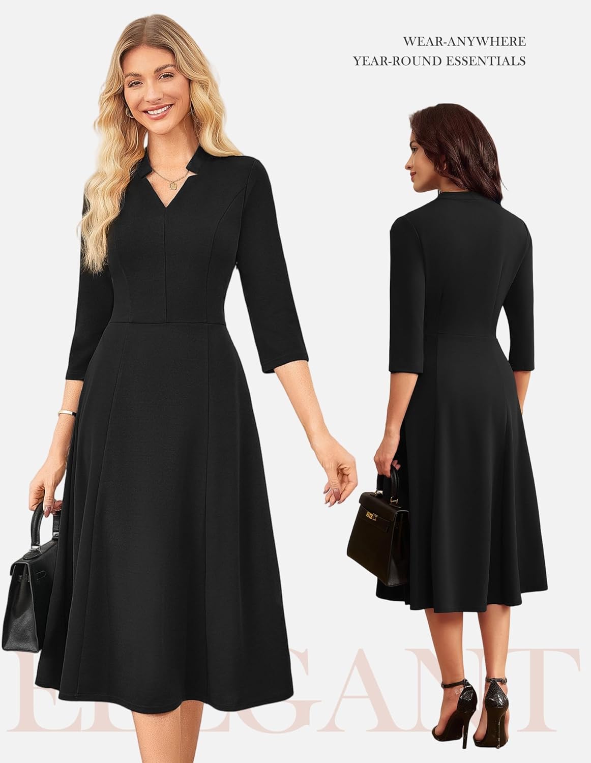 GRACE KARIN Work Dresses for Women 2025,Midi Business Dress,3/4 Sleeve Classy Fit and Flare Dress with Pocket - Image 4